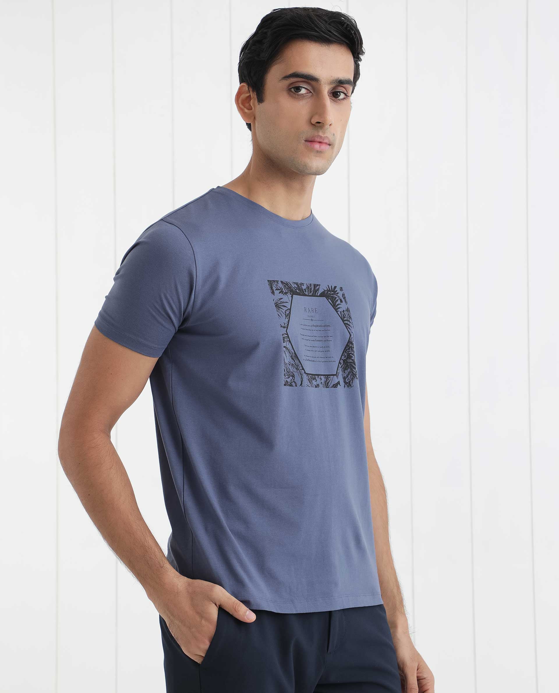 Rare Rabbit Men's Creswen Blue Crew Neck Half Sleeves Regular Fit Tropical Print With Text T-Shirt