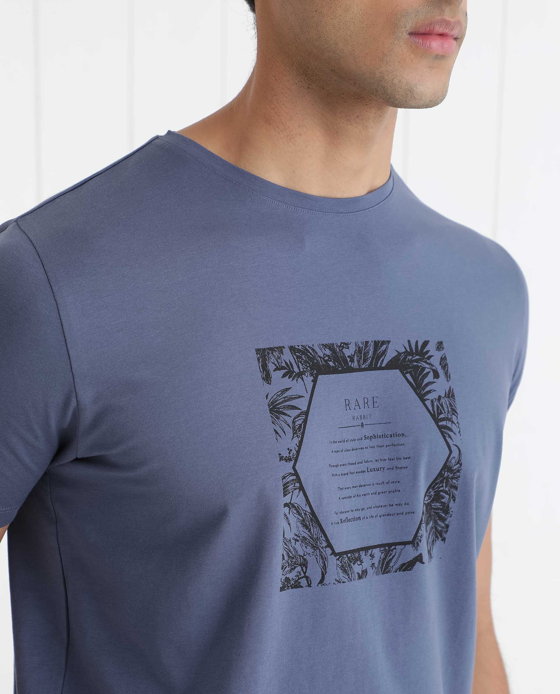 Rare Rabbit Men's Creswen Blue Crew Neck Half Sleeves Regular Fit Tropical Print With Text T-Shirt