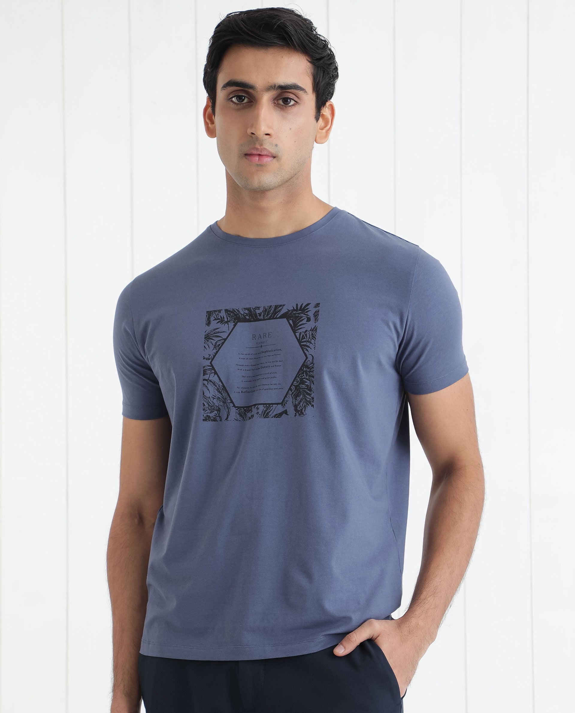 Rare Rabbit Men's Creswen Blue Crew Neck Half Sleeves Regular Fit Tropical Print With Text T-Shirt