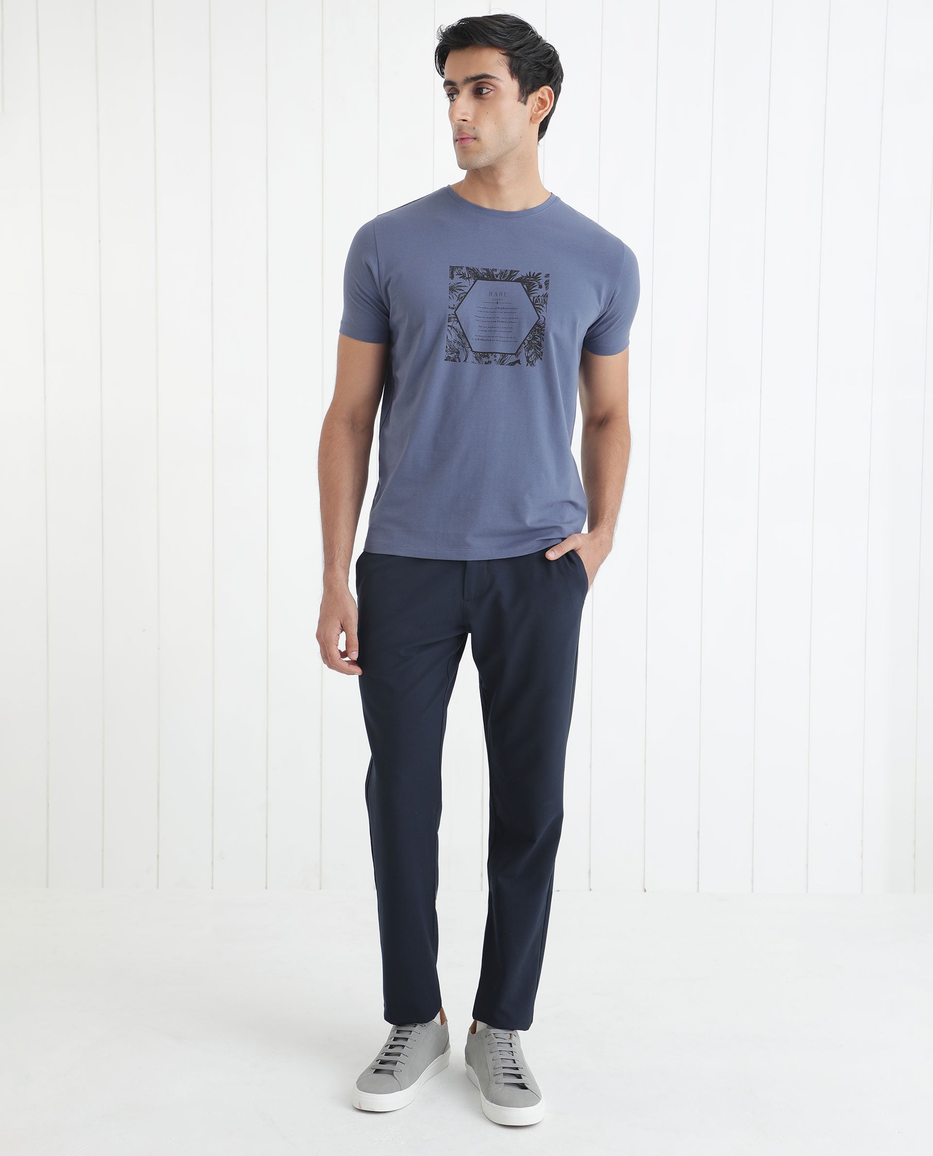 Rare Rabbit Men's Creswen Blue Crew Neck Half Sleeves Regular Fit Tropical Print With Text T-Shirt