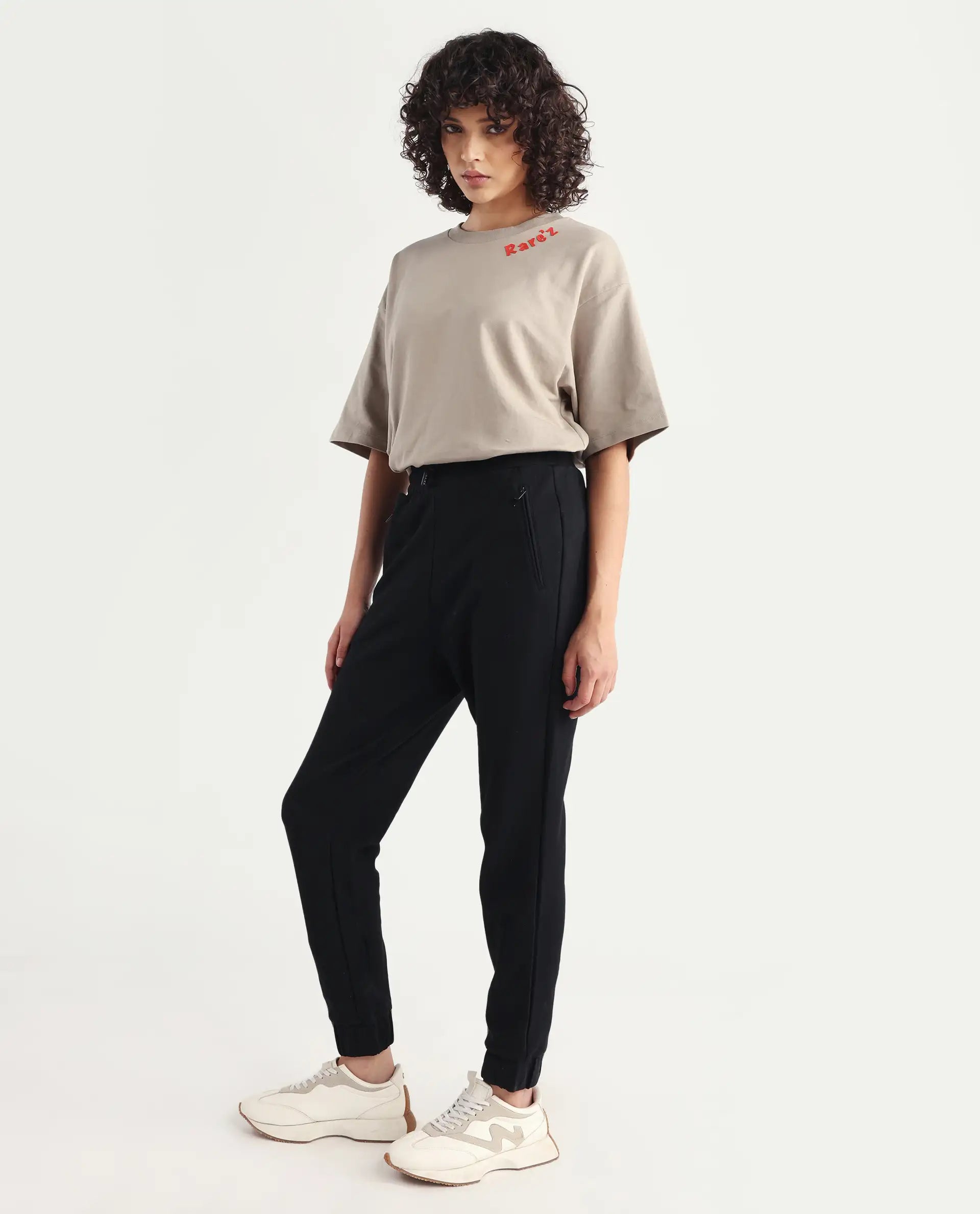 Rareism Women's Heavy Weight Interlock 340 Gsm Cotton Blend Plain Ankle Length Relaxed Fit Track Pant