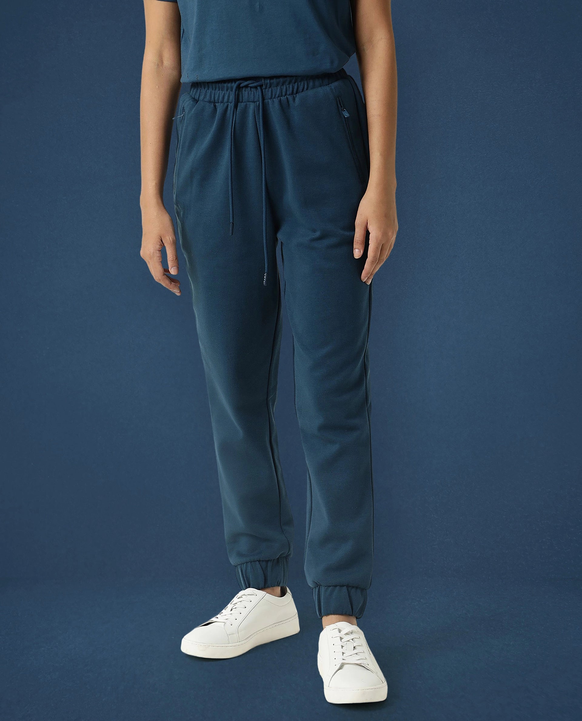 Rareism Women Creta Dusky Green Cotton Blend Fabric Relaxed Fit Solid Mid Rise Ankle Length Track Pant