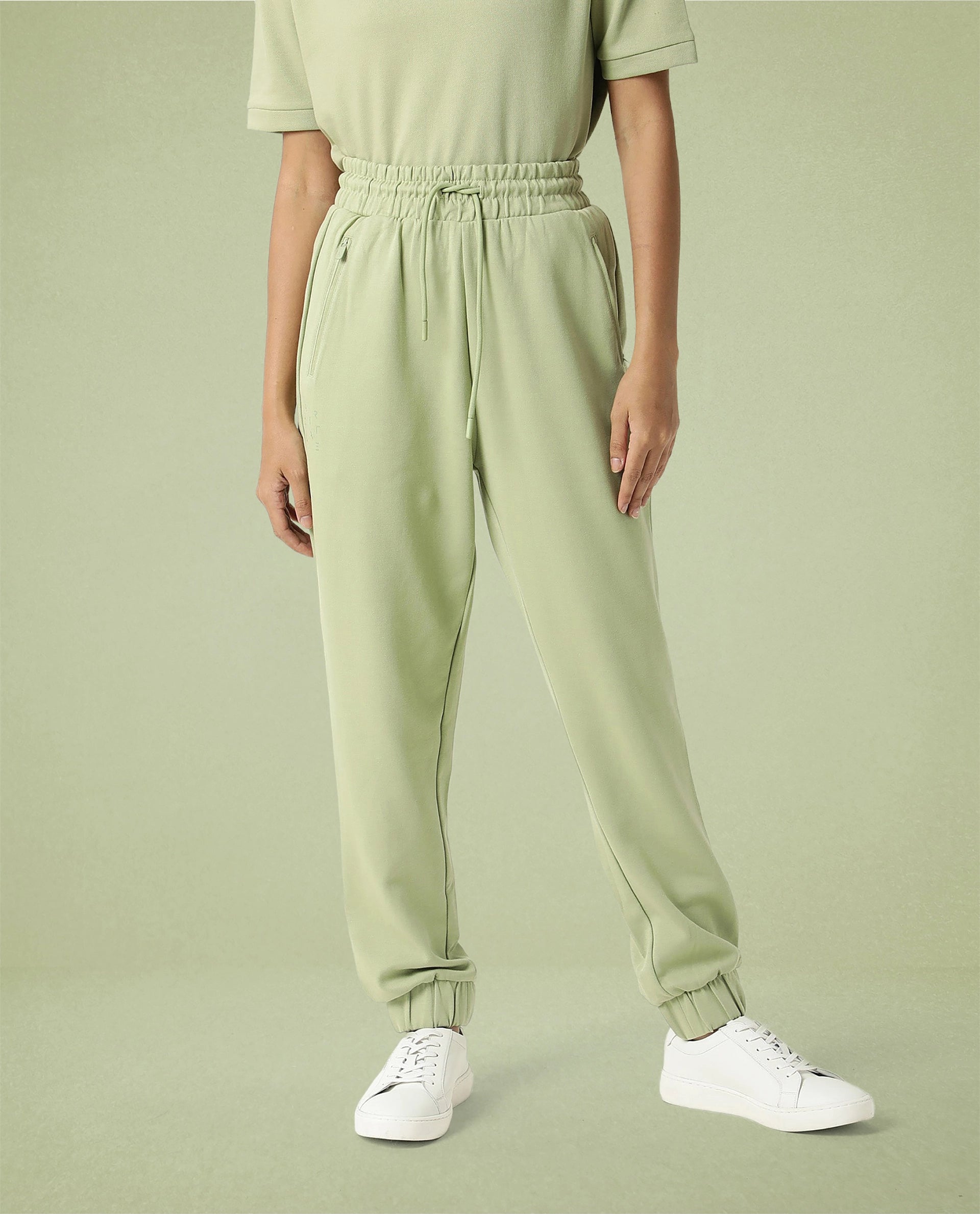 Rareism Women Creta Light Green Cotton Blend Fabric Relaxed Fit Solid Mid Rise Ankle Length Track Pant