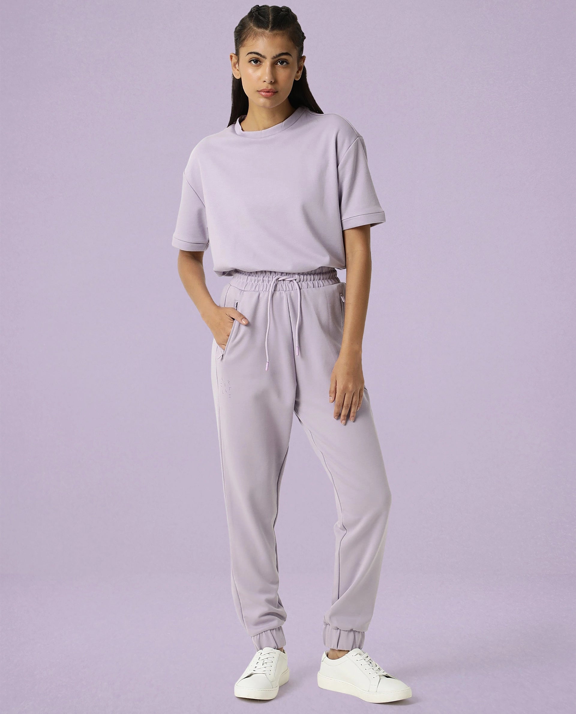 Rareism Women Creta Light Pink Cotton Blend Fabric Relaxed Fit Solid Mid Rise Ankle Length Track Pant