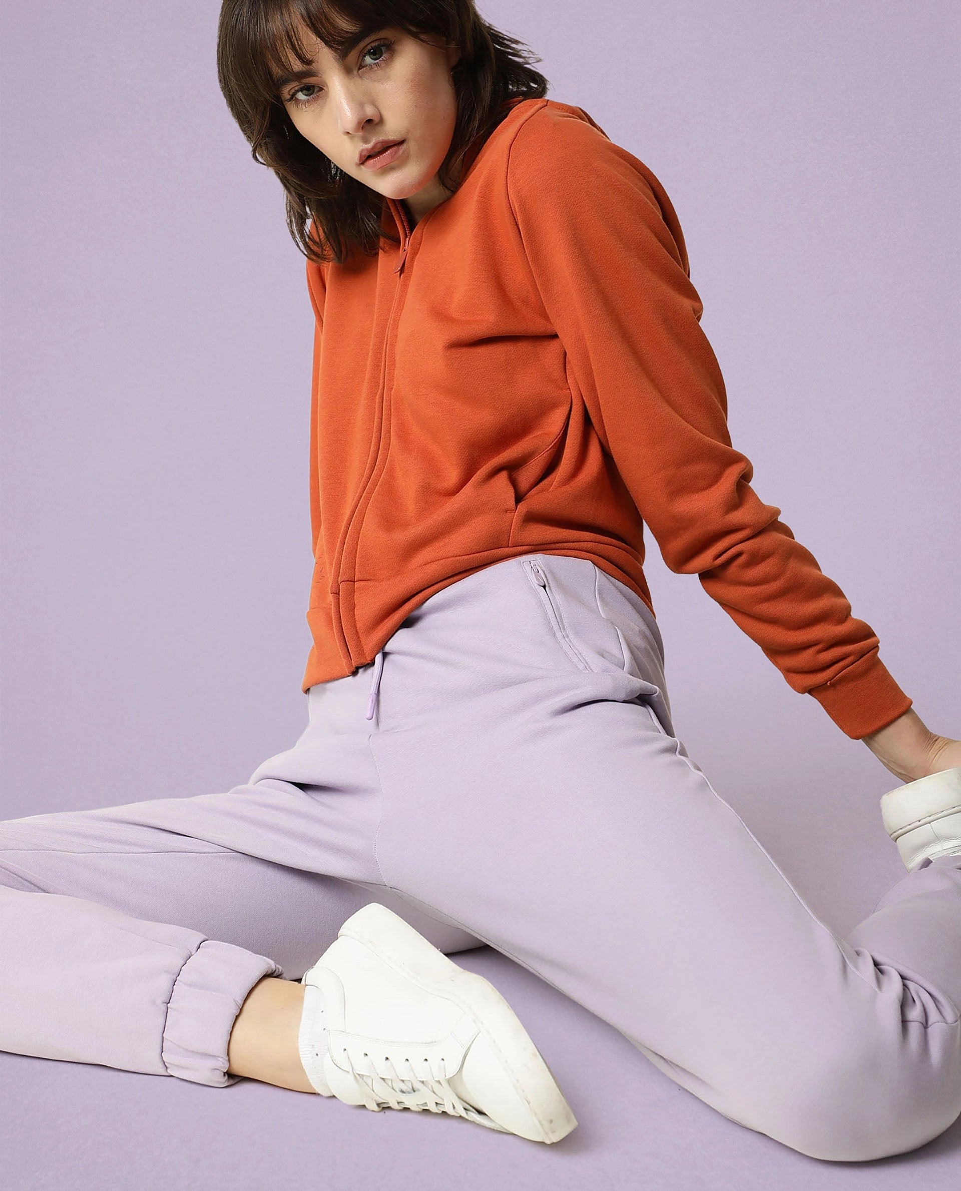 Rareism Women Creta Light Pink Cotton Blend Fabric Relaxed Fit Solid Mid Rise Ankle Length Track Pant