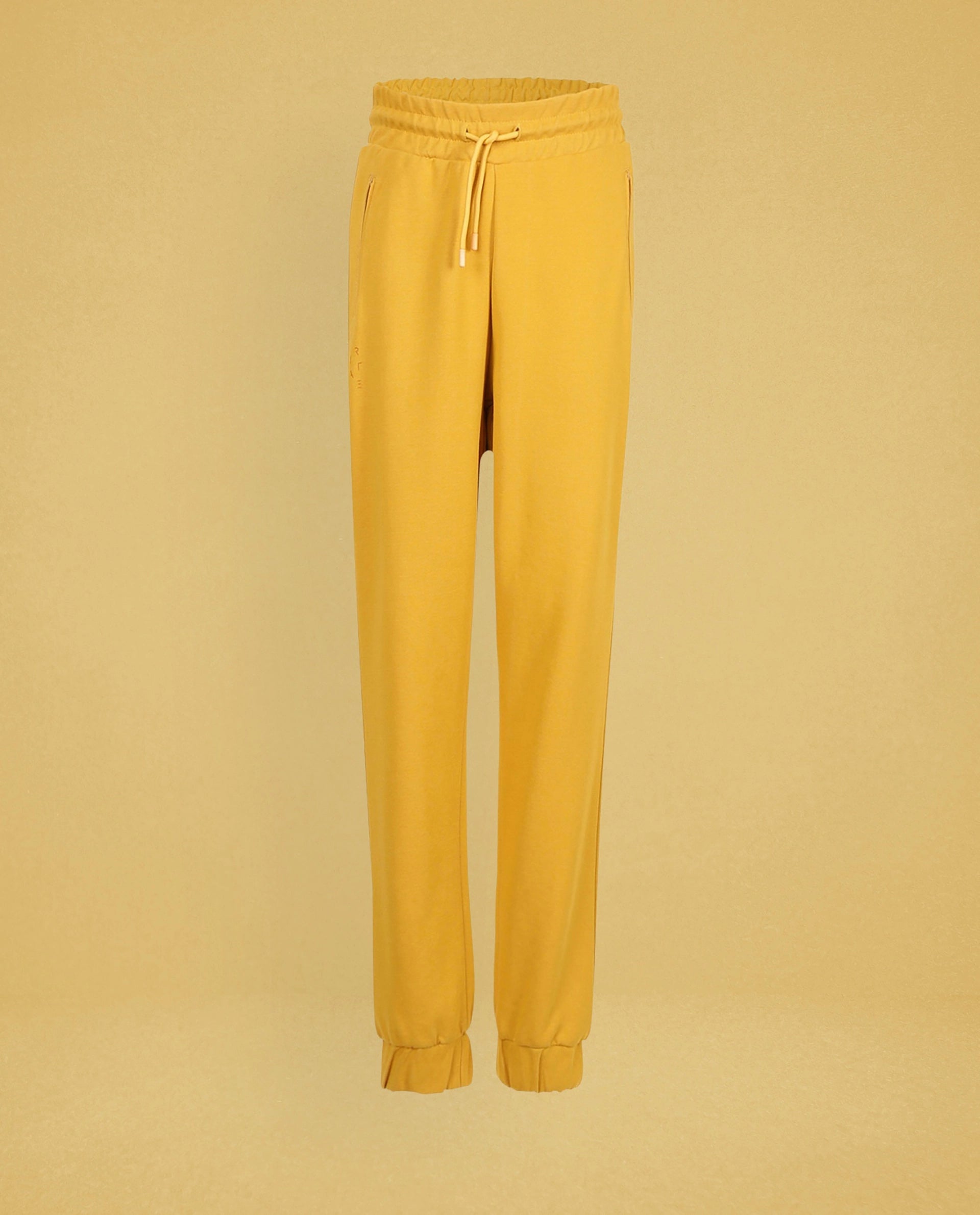 Rareism Women Creta Mustard Cotton Blend Fabric Relaxed Fit Solid Mid Rise Ankle Length Track Pant