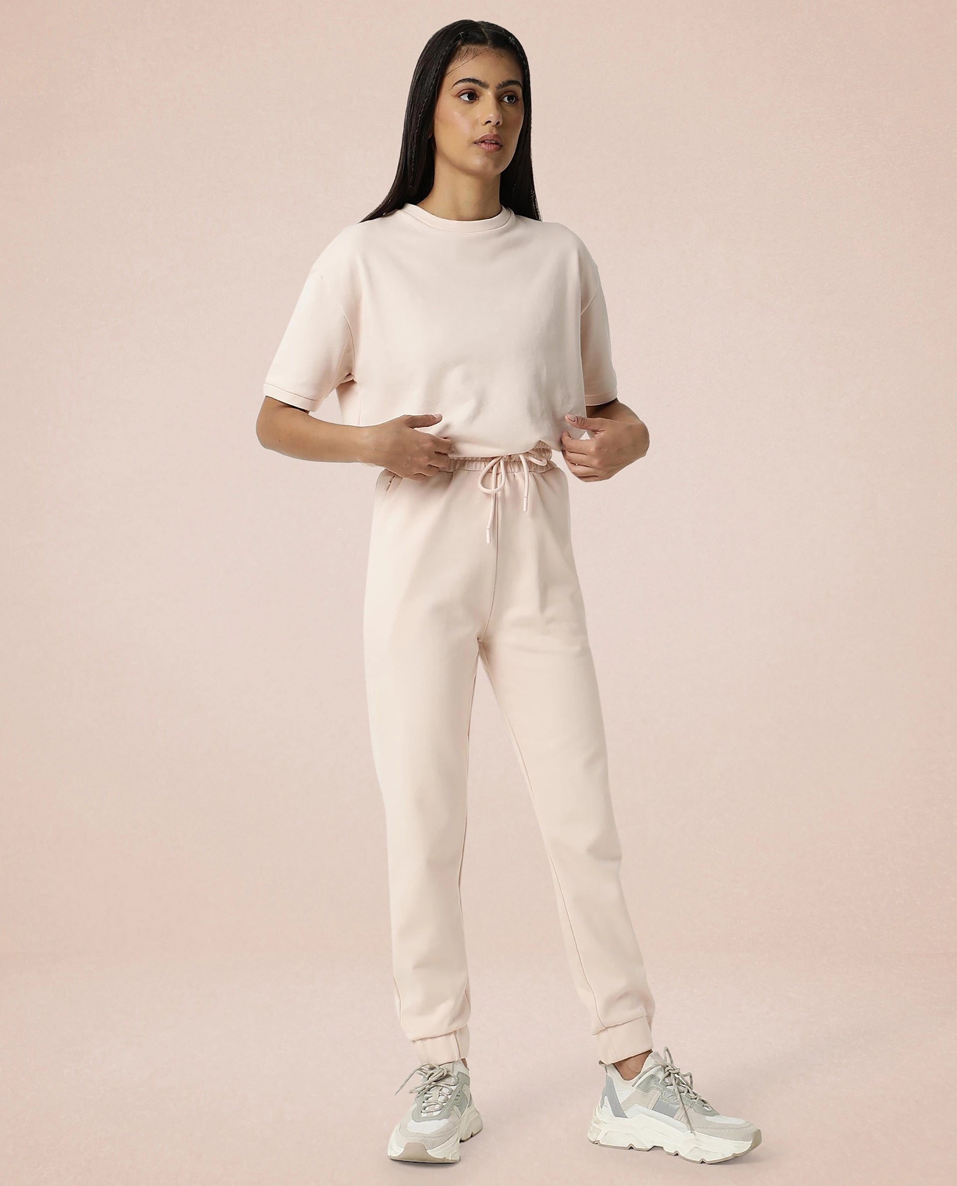 Rareism Women Creta Pink Cotton Blend Fabric Relaxed Fit Solid Mid Rise Ankle Length Track Pant