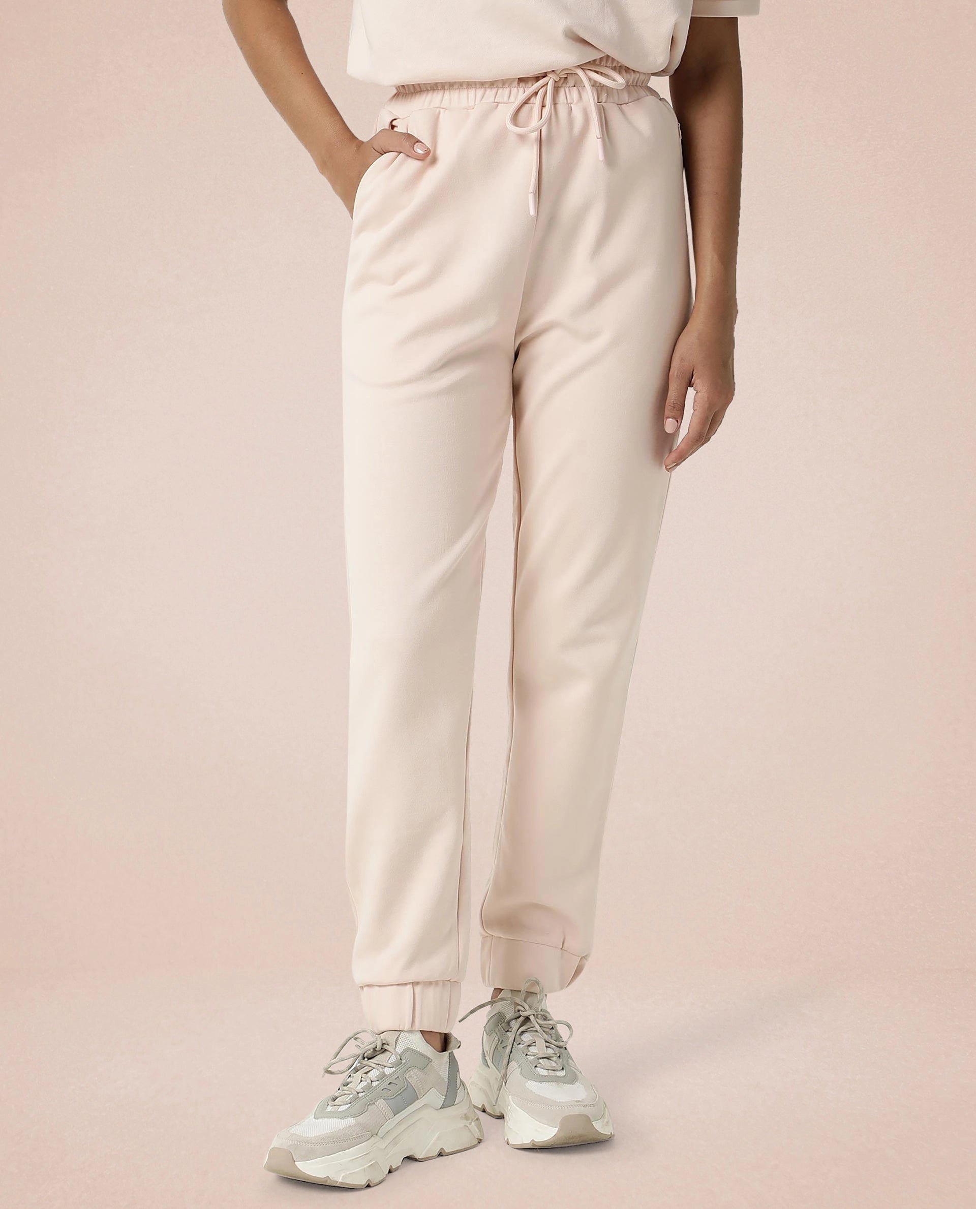 Rareism Women Creta Pink Cotton Blend Fabric Relaxed Fit Solid Mid Rise Ankle Length Track Pant