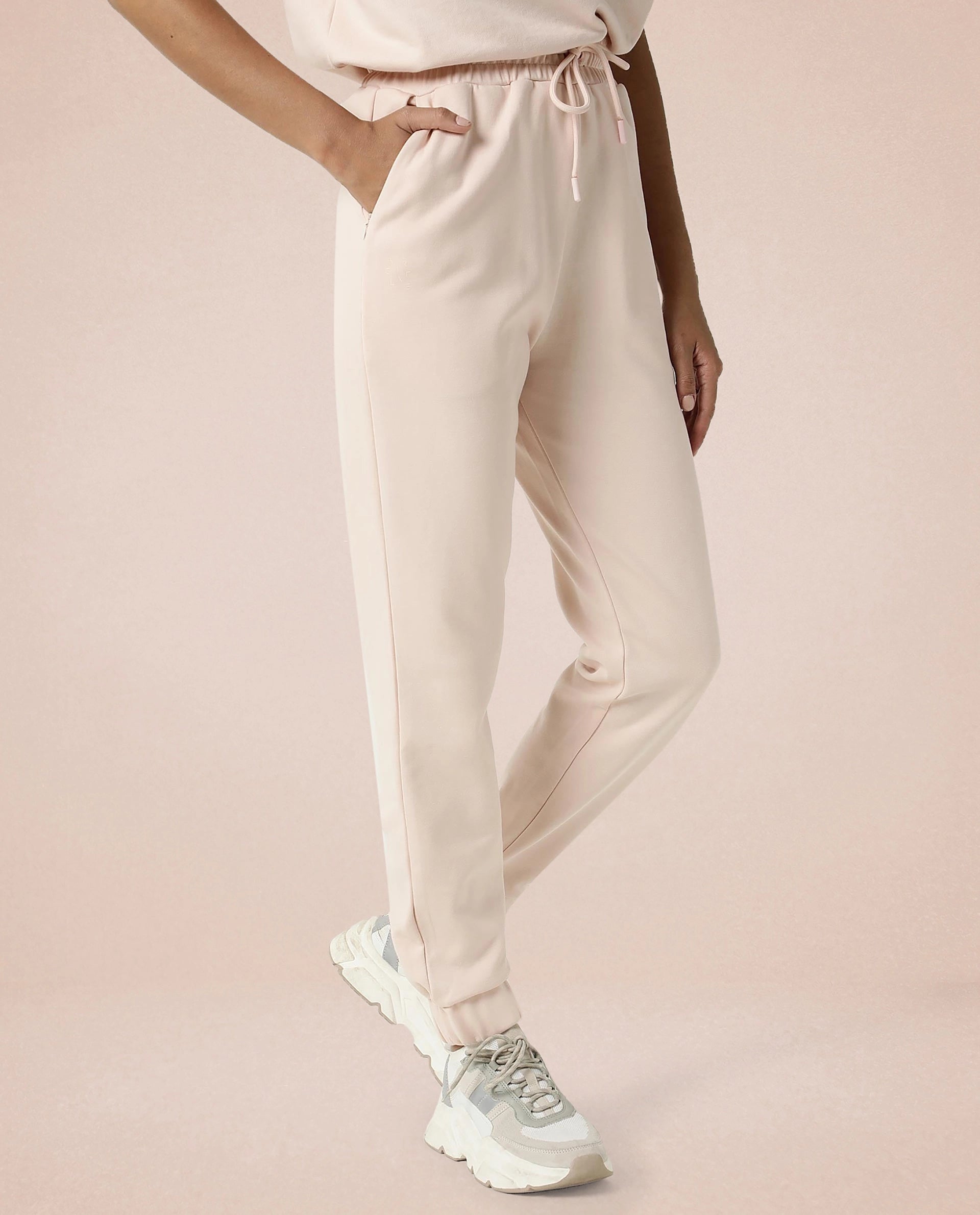 Rareism Women Creta Pink Cotton Blend Fabric Relaxed Fit Solid Mid Rise Ankle Length Track Pant