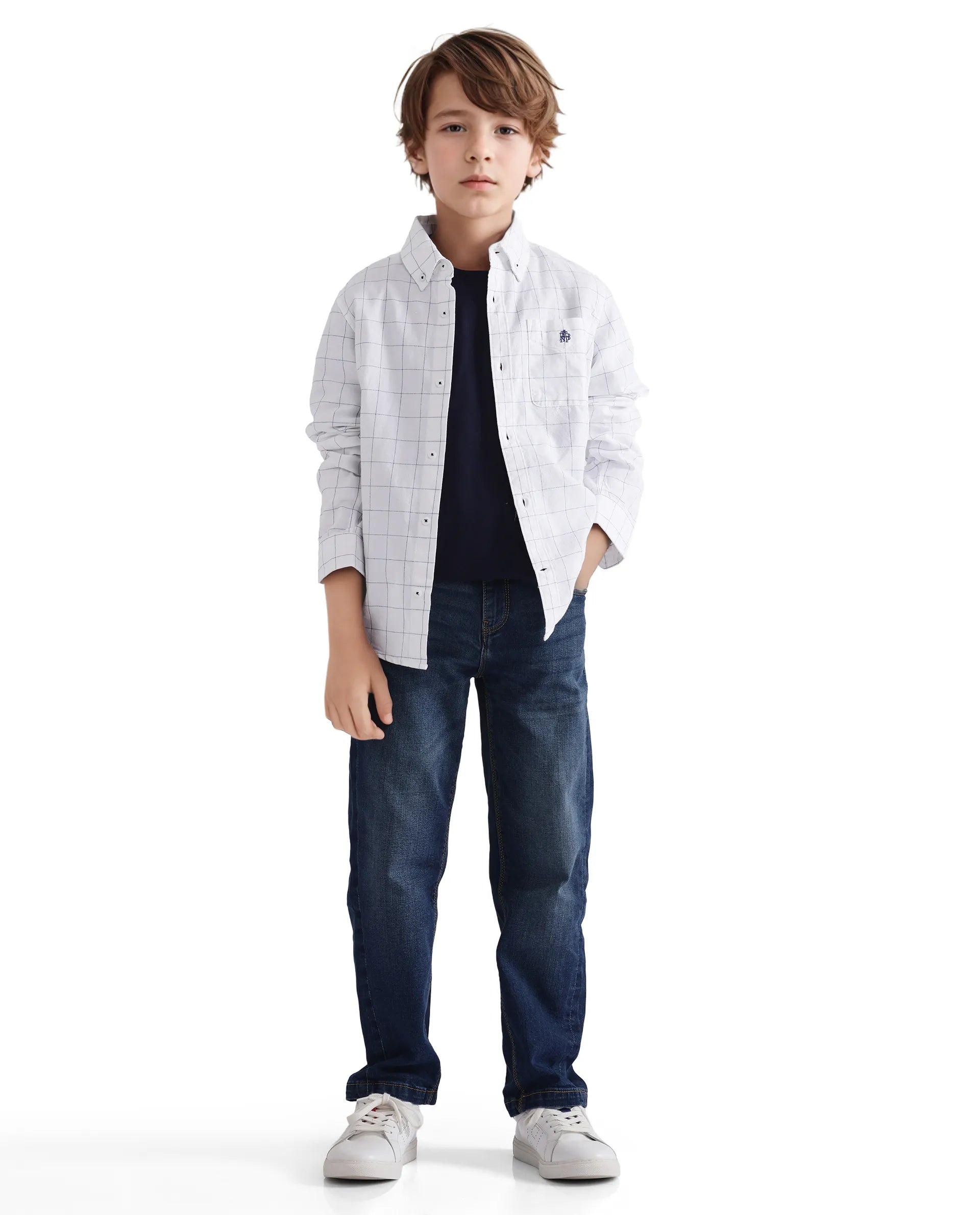 Rare Ones Kids Crew White Cotton Full Sleeves Button Down Collar Regular Fit Checked Shirt