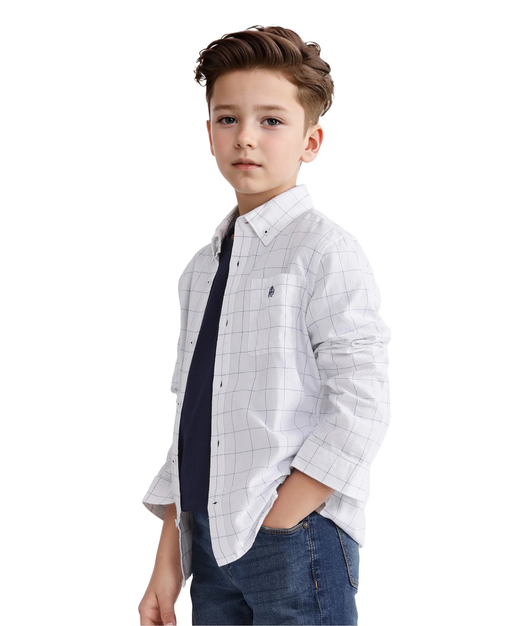 Rare Ones Kids Crew White Cotton Full Sleeves Button Down Collar Regular Fit Checked Shirt