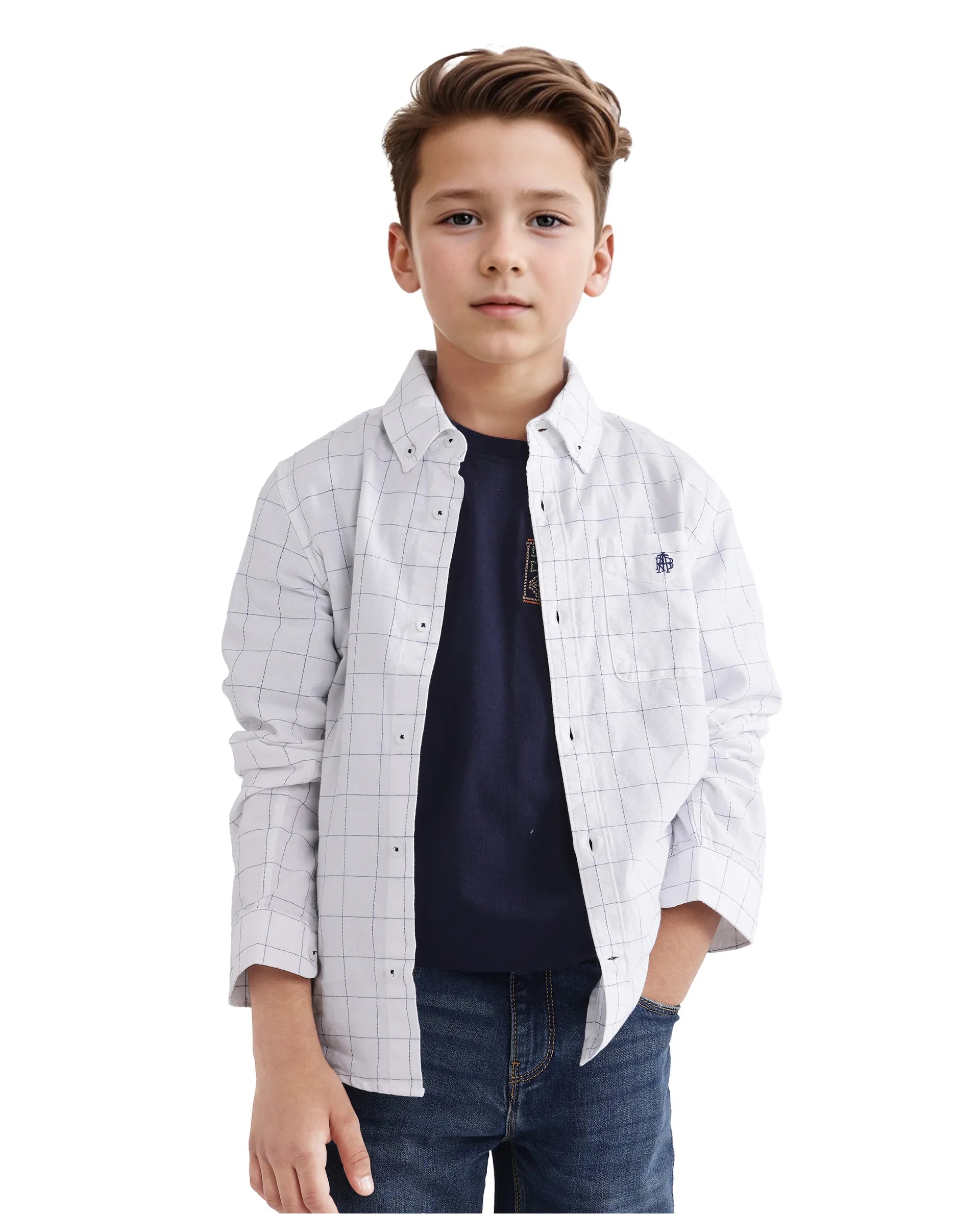 Rare Ones Kids Crew White Cotton Full Sleeves Button Down Collar Regular Fit Checked Shirt
