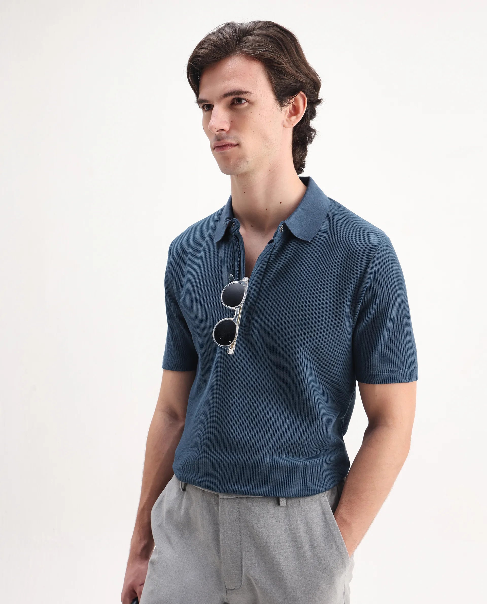 Rare Rabbit Men's Crin Blue Cotton Plain Regular Fit Half Sleeve Polo