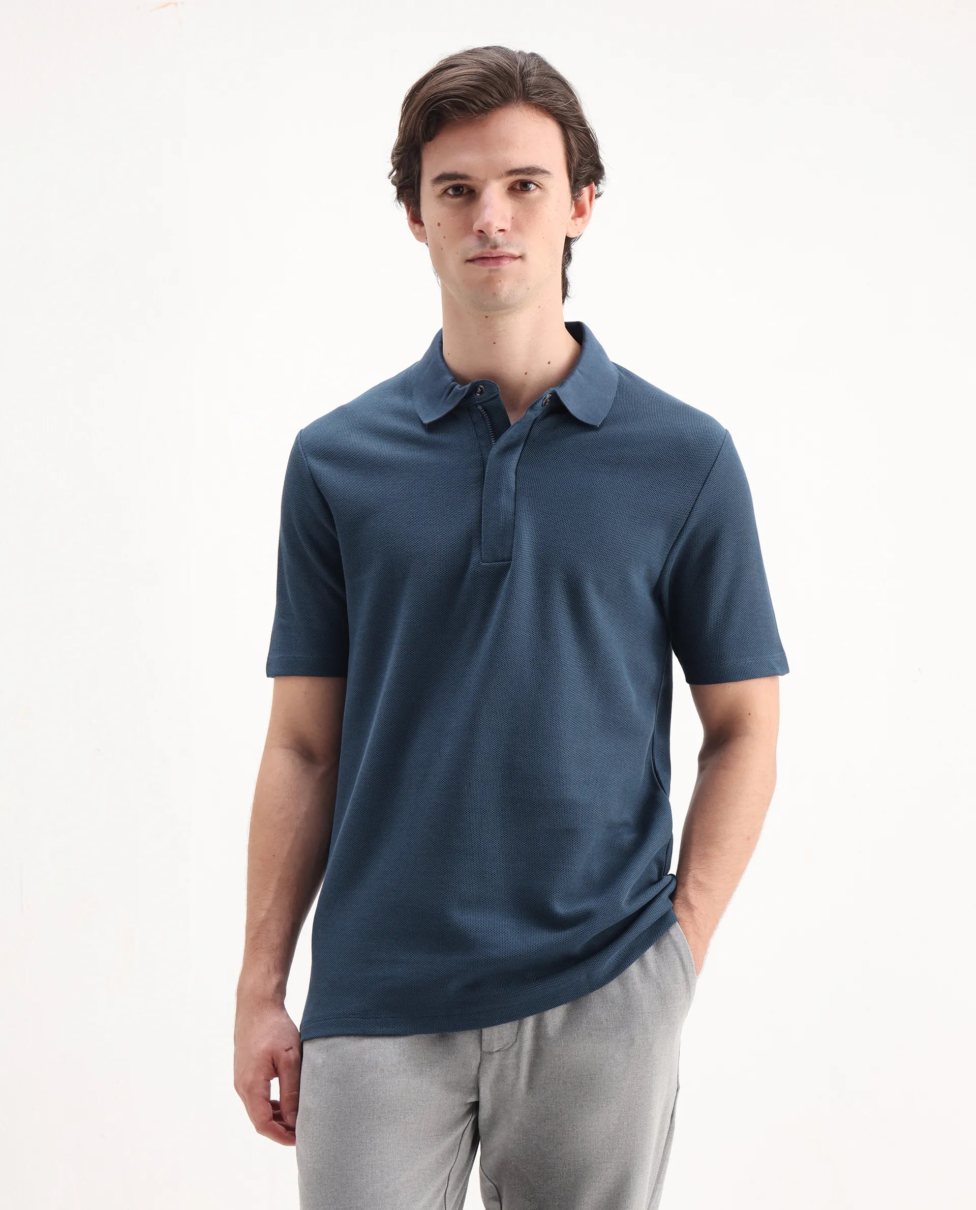 Rare Rabbit Men's Crin Blue Cotton Plain Regular Fit Half Sleeve Polo