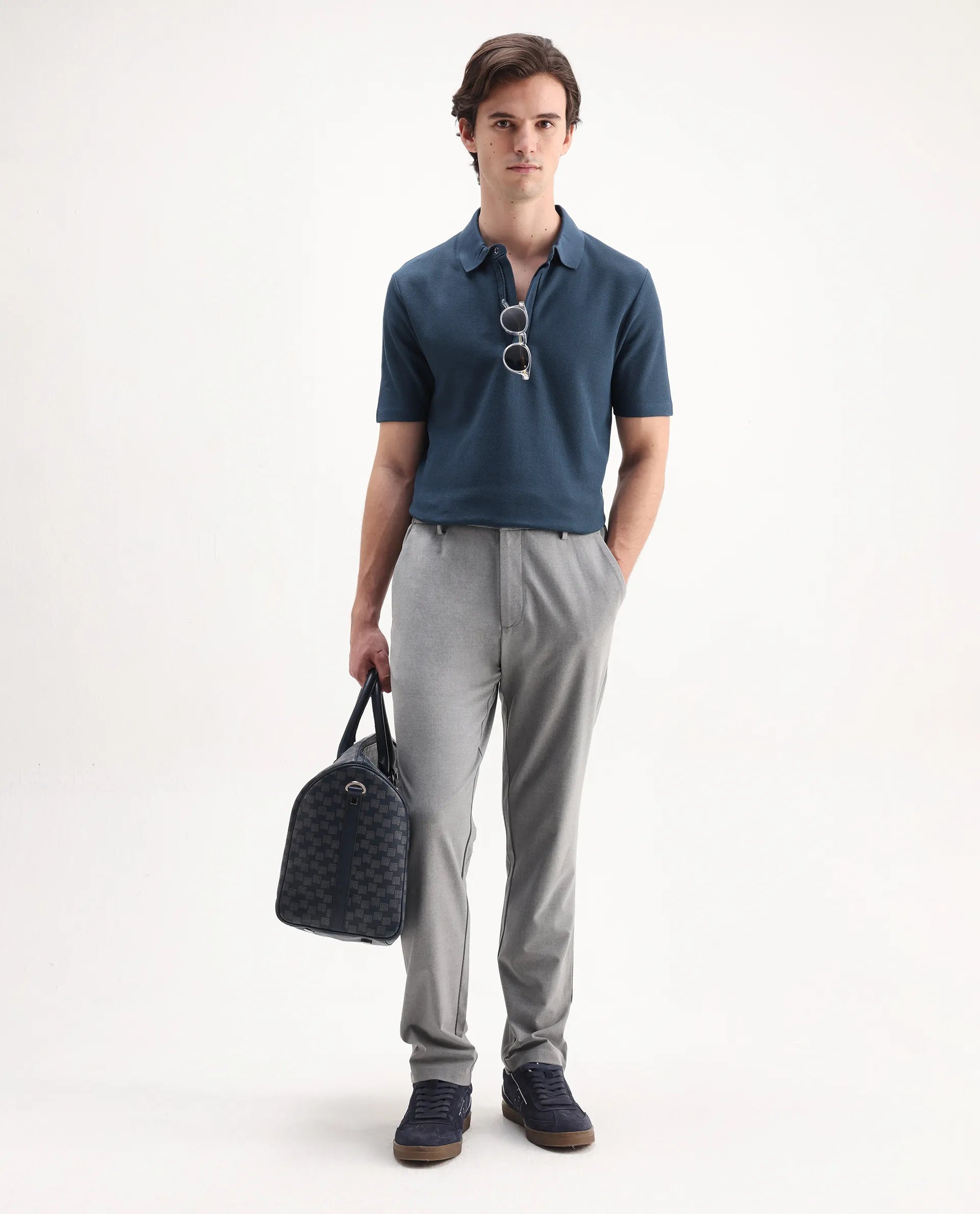 Rare Rabbit Men's Crin Blue Cotton Plain Regular Fit Half Sleeve Polo