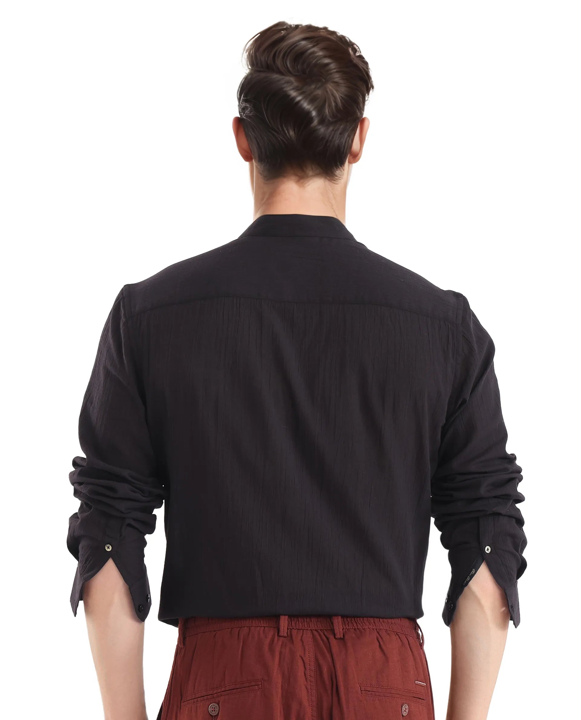Rare Rabbit Men Crinkle-25 Black Cotton Fabric Full Sleeve Mandarin Collar Button Closure Plain Shirt
