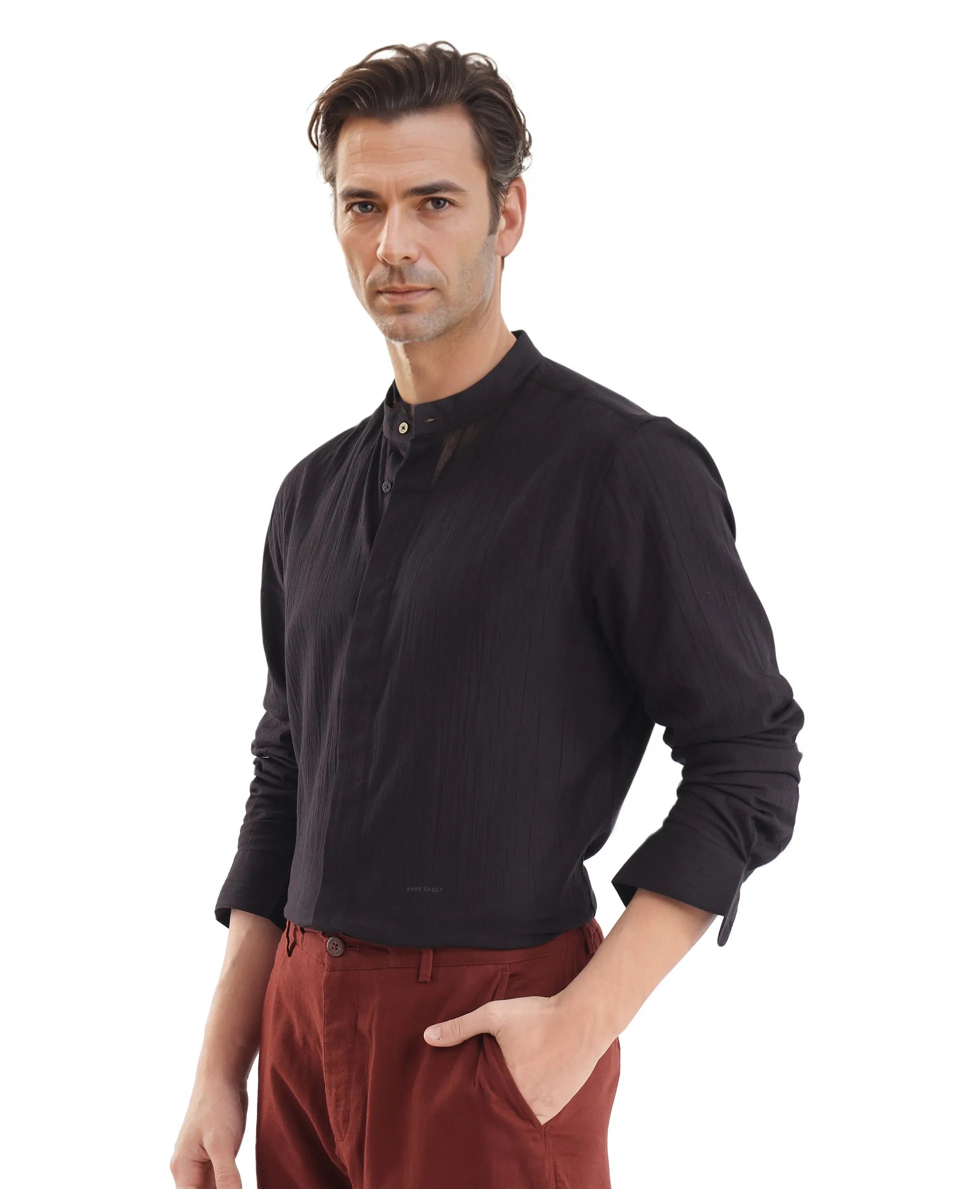 Rare Rabbit Men Crinkle-25 Black Cotton Fabric Full Sleeve Mandarin Collar Button Closure Plain Shirt