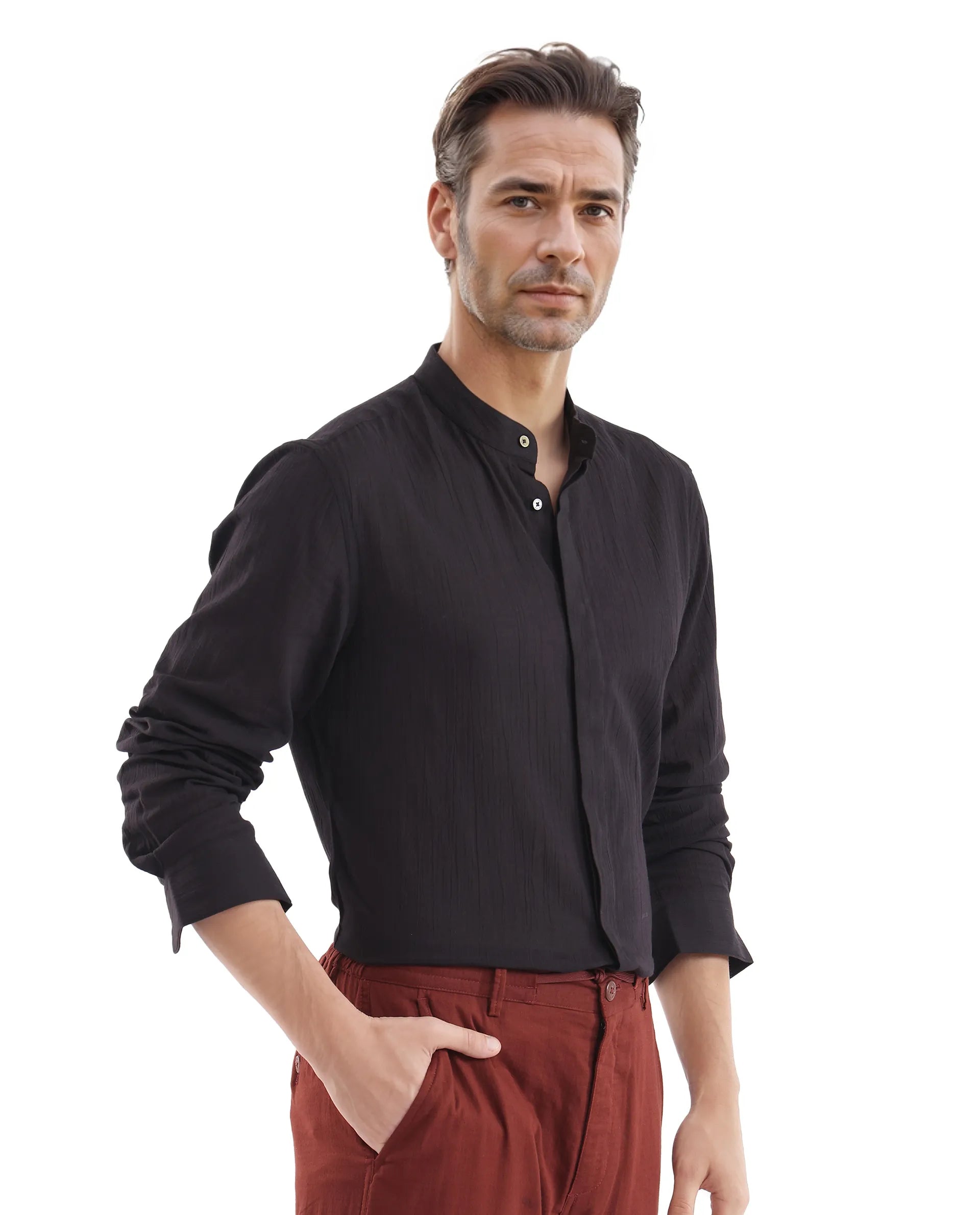 Rare Rabbit Men Crinkle-25 Black Cotton Fabric Full Sleeve Mandarin Collar Button Closure Plain Shirt