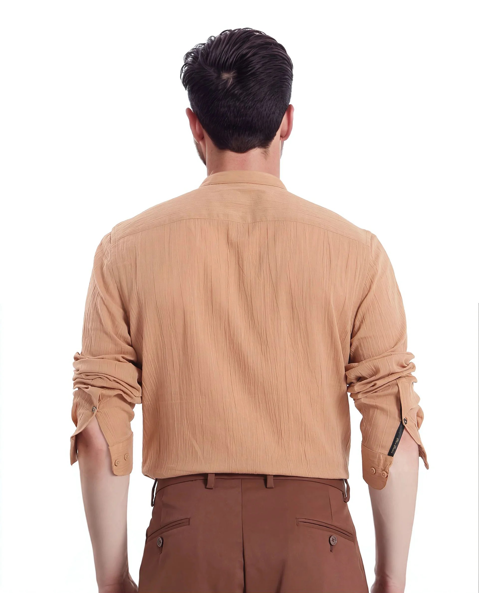 Rare Rabbit Men Crinkle-25 Dusky Brown Cotton Fabric Full Sleeve Mandarin Collar Button Closure Plain Shirt