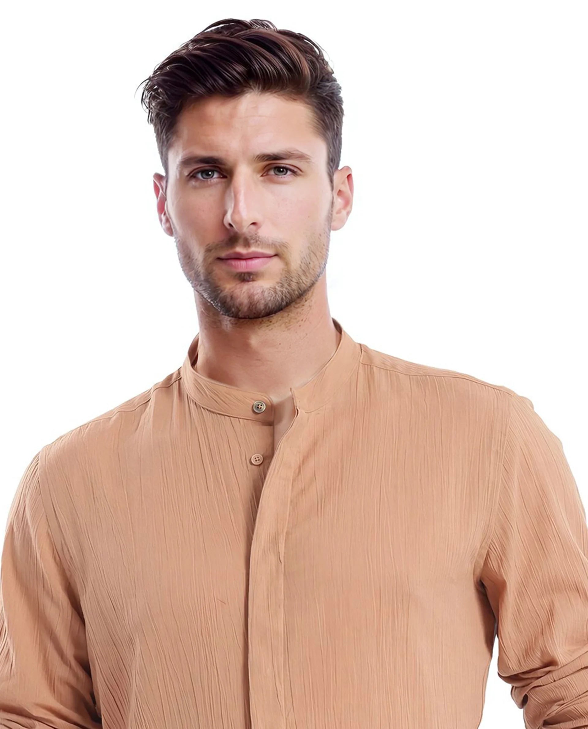 Rare Rabbit Men Crinkle-25 Dusky Brown Cotton Fabric Full Sleeve Mandarin Collar Button Closure Plain Shirt
