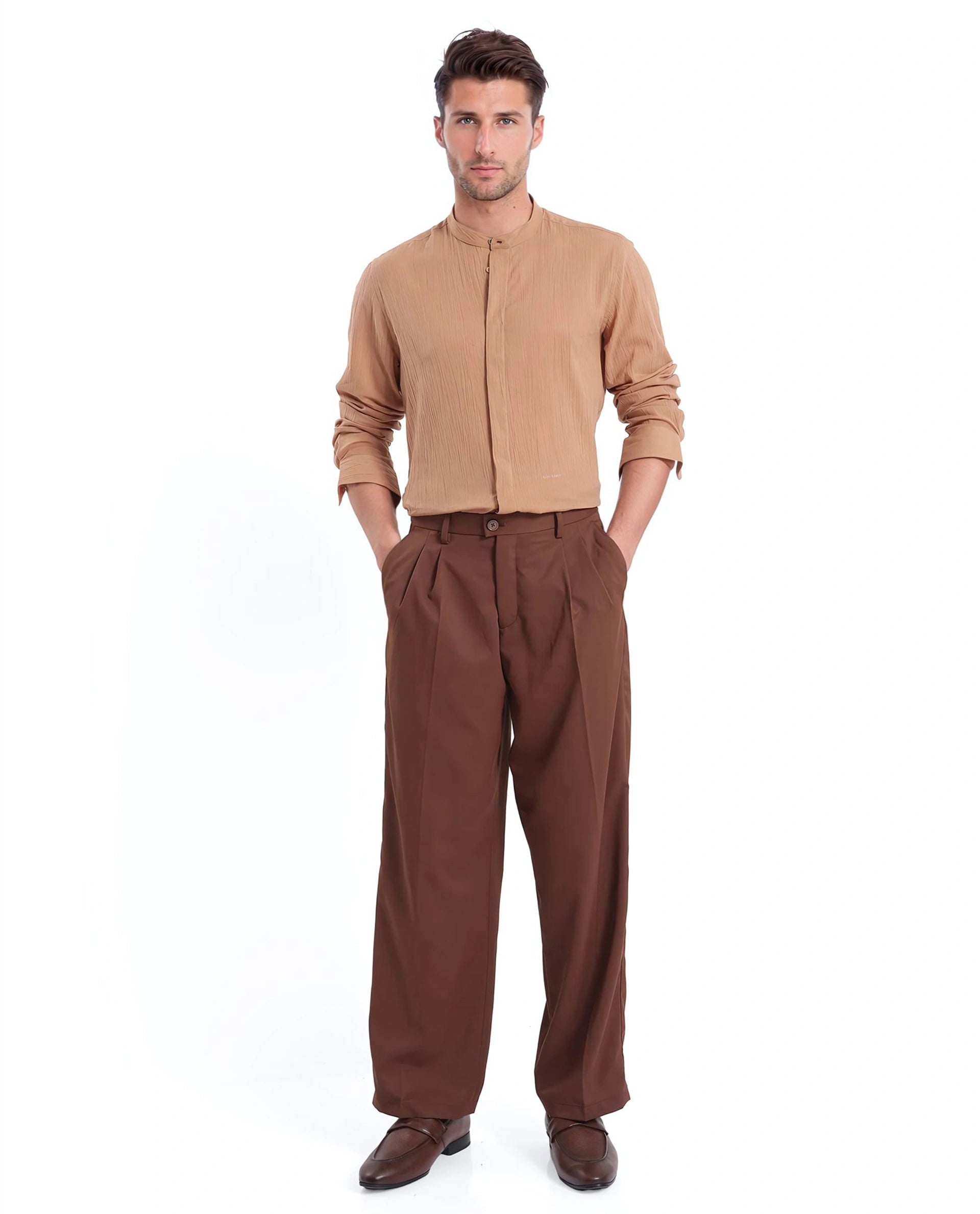 Rare Rabbit Men Crinkle-25 Dusky Brown Cotton Fabric Full Sleeve Mandarin Collar Button Closure Plain Shirt