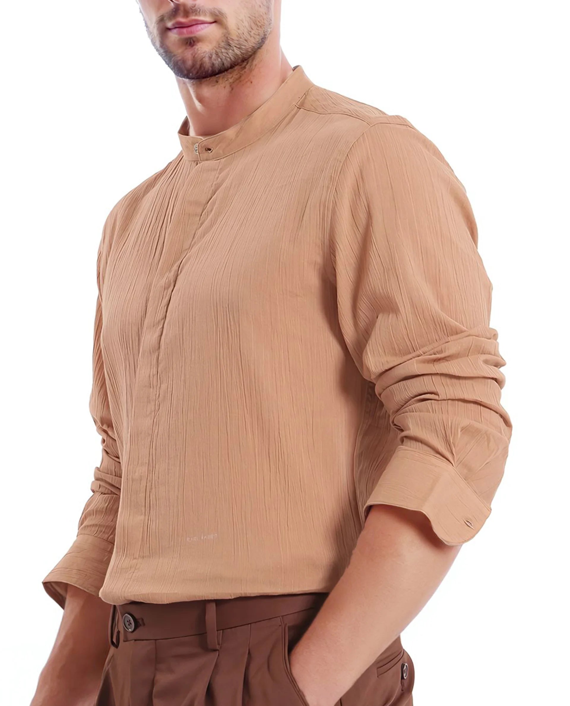 Rare Rabbit Men Crinkle-25 Dusky Brown Cotton Fabric Full Sleeve Mandarin Collar Button Closure Plain Shirt