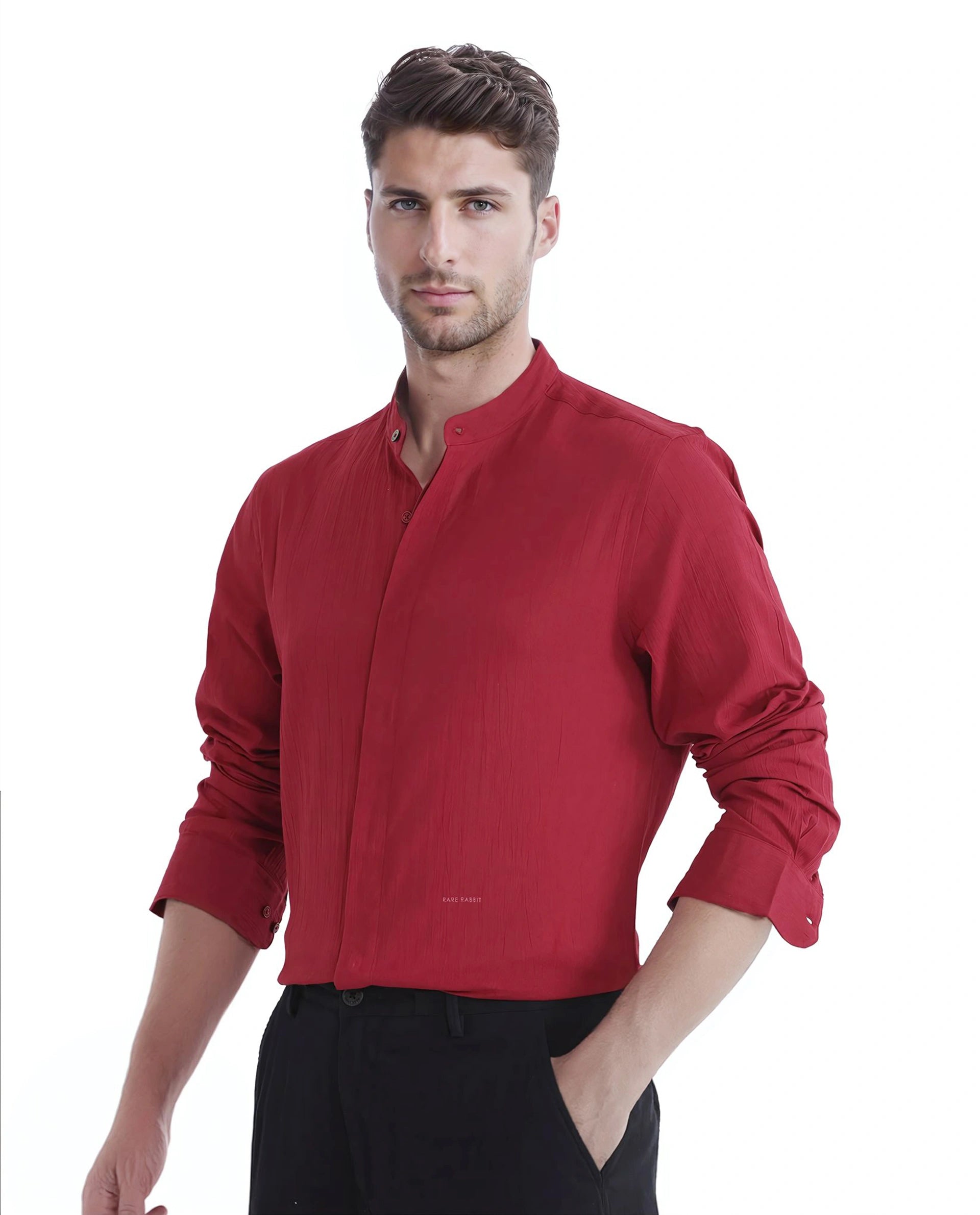 Rare Rabbit Men Crinkle-25 Red Cotton Fabric Mandarin Collar Full Sleeves Solid Crinkle Effect Solid Shirt