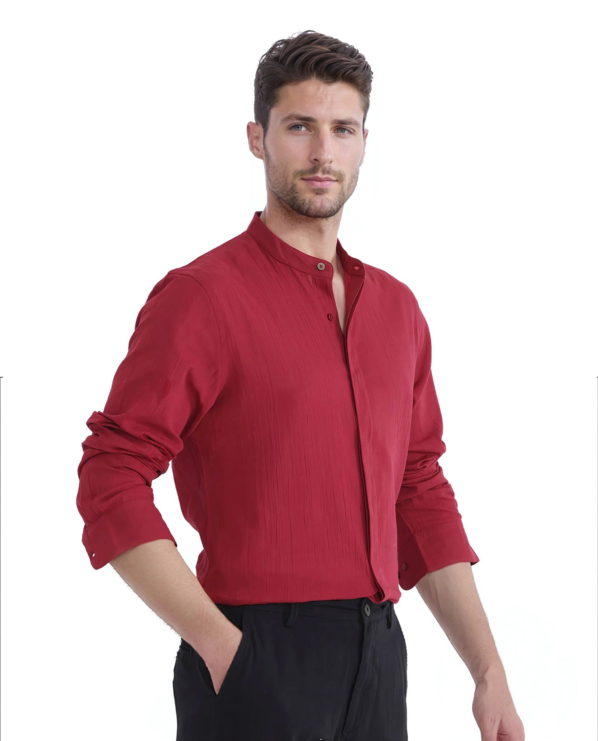 Rare Rabbit Men Crinkle-25 Red Cotton Fabric Mandarin Collar Full Sleeves Solid Crinkle Effect Solid Shirt