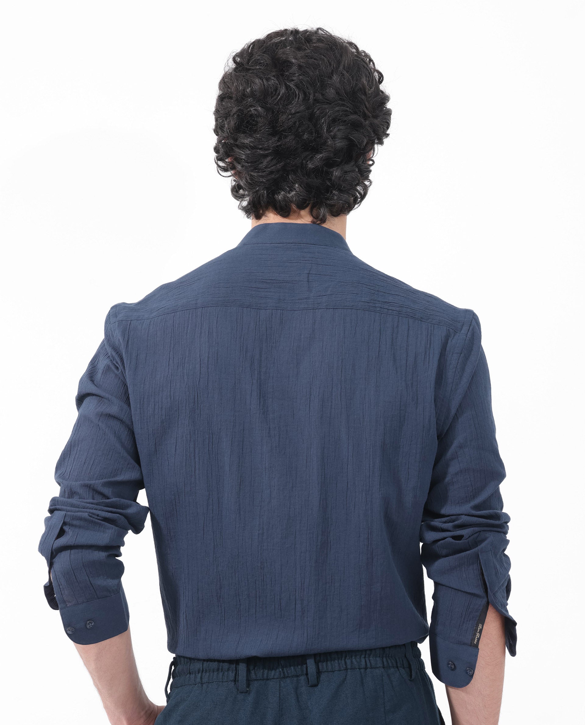 Rare Rabbit Mens Crinkle LS Navy Cotton Fabric Mandarin Collar Full Sleeve Crinkle Effect Solid Shirt