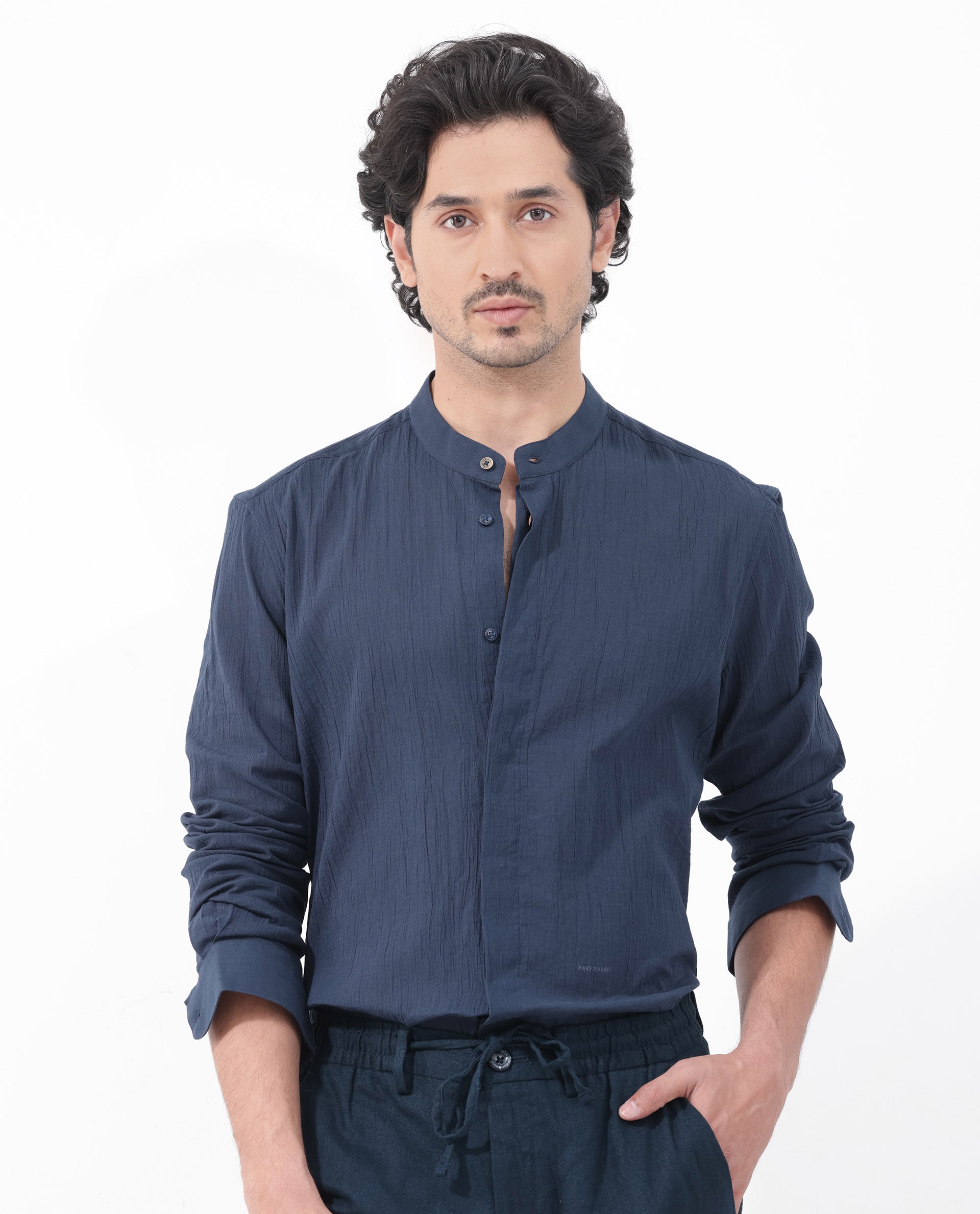 Rare Rabbit Mens Crinkle LS Navy Cotton Fabric Mandarin Collar Full Sleeve Crinkle Effect Solid Shirt
