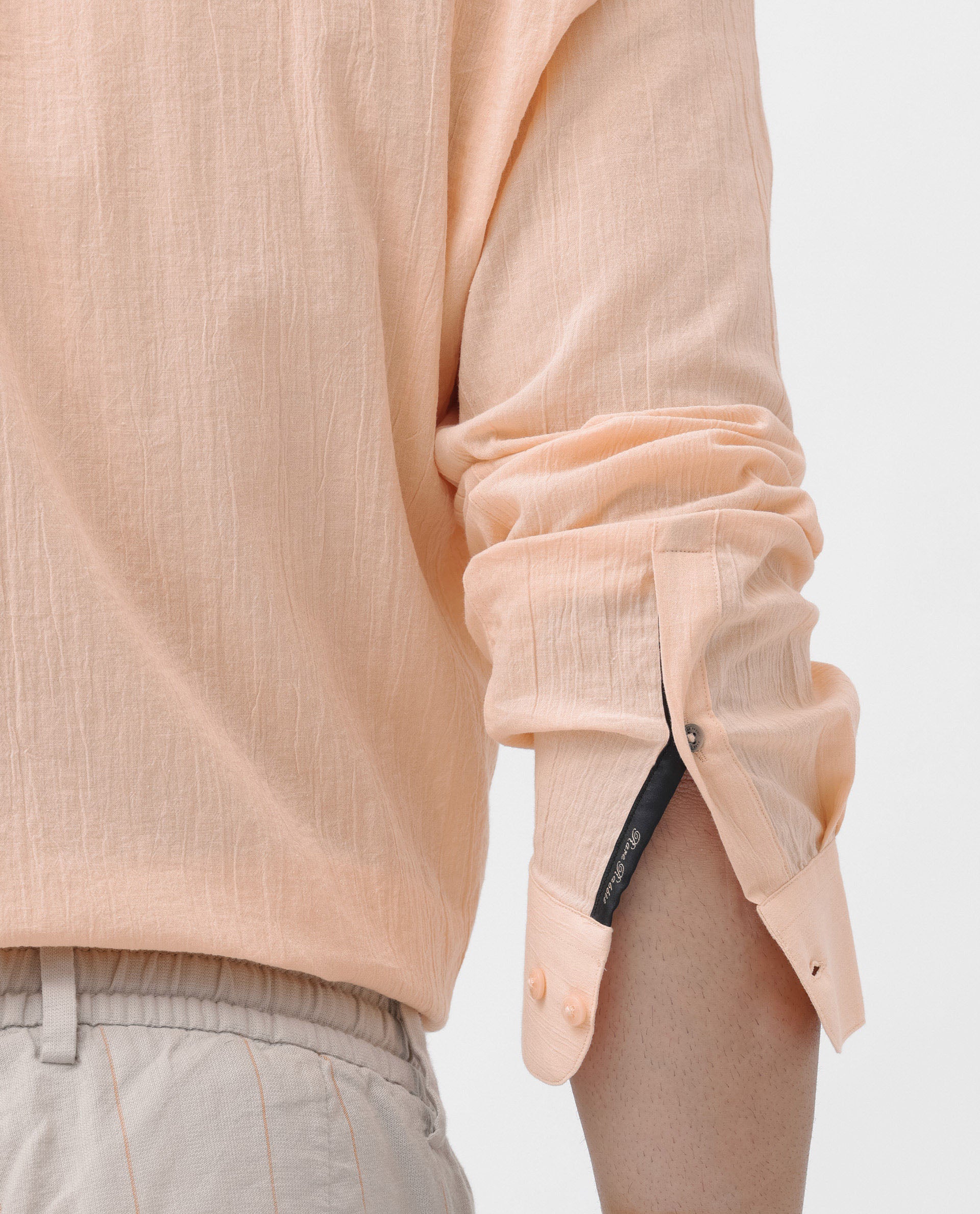 Rare Rabbit Men's Crinkle LS Light Orange Cotton Fabric Mandarin Collar Full Sleeves Solid Crinkle Effect Shirt