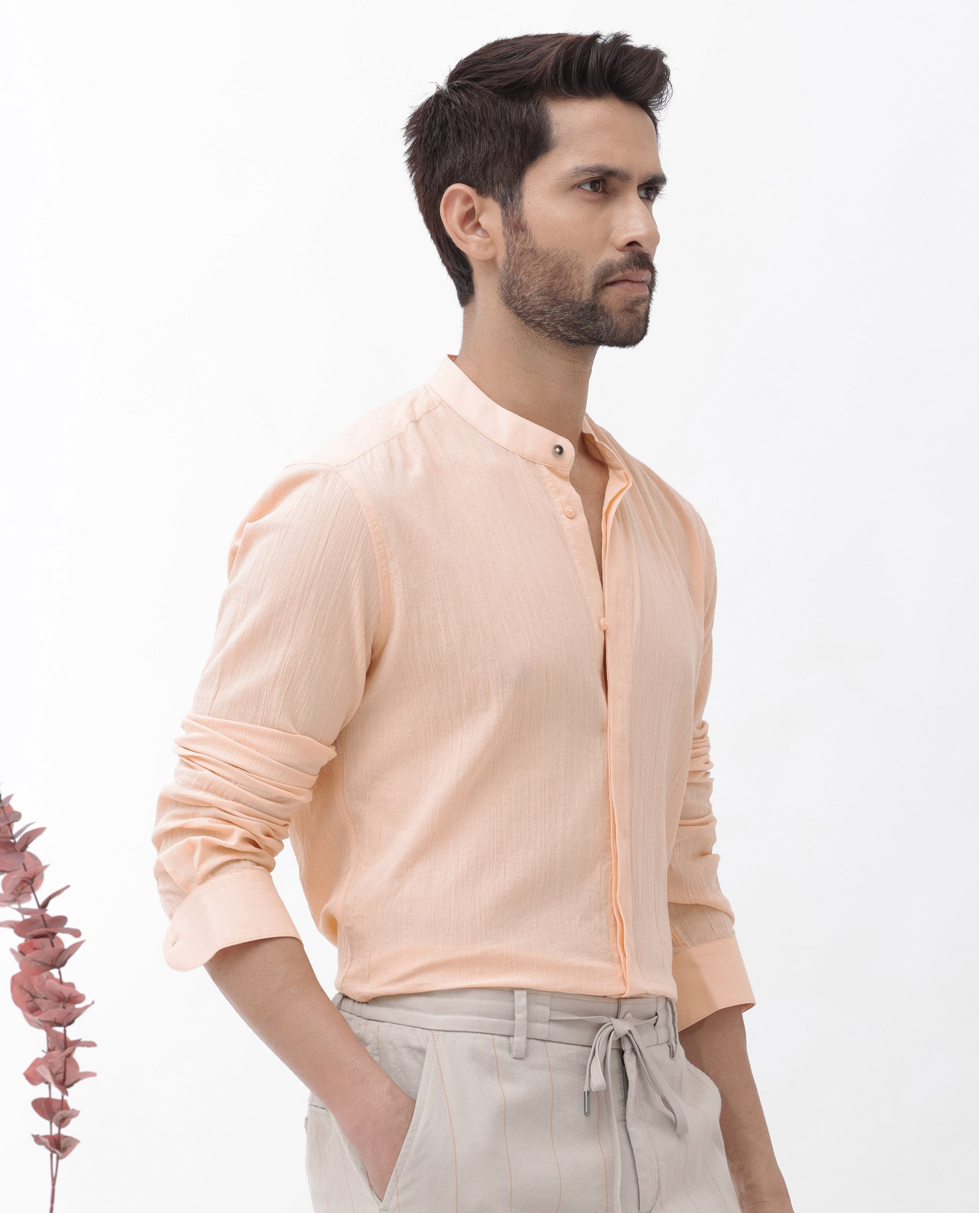 Rare Rabbit Men's Crinkle LS Light Orange Cotton Fabric Mandarin Collar Full Sleeves Solid Crinkle Effect Shirt