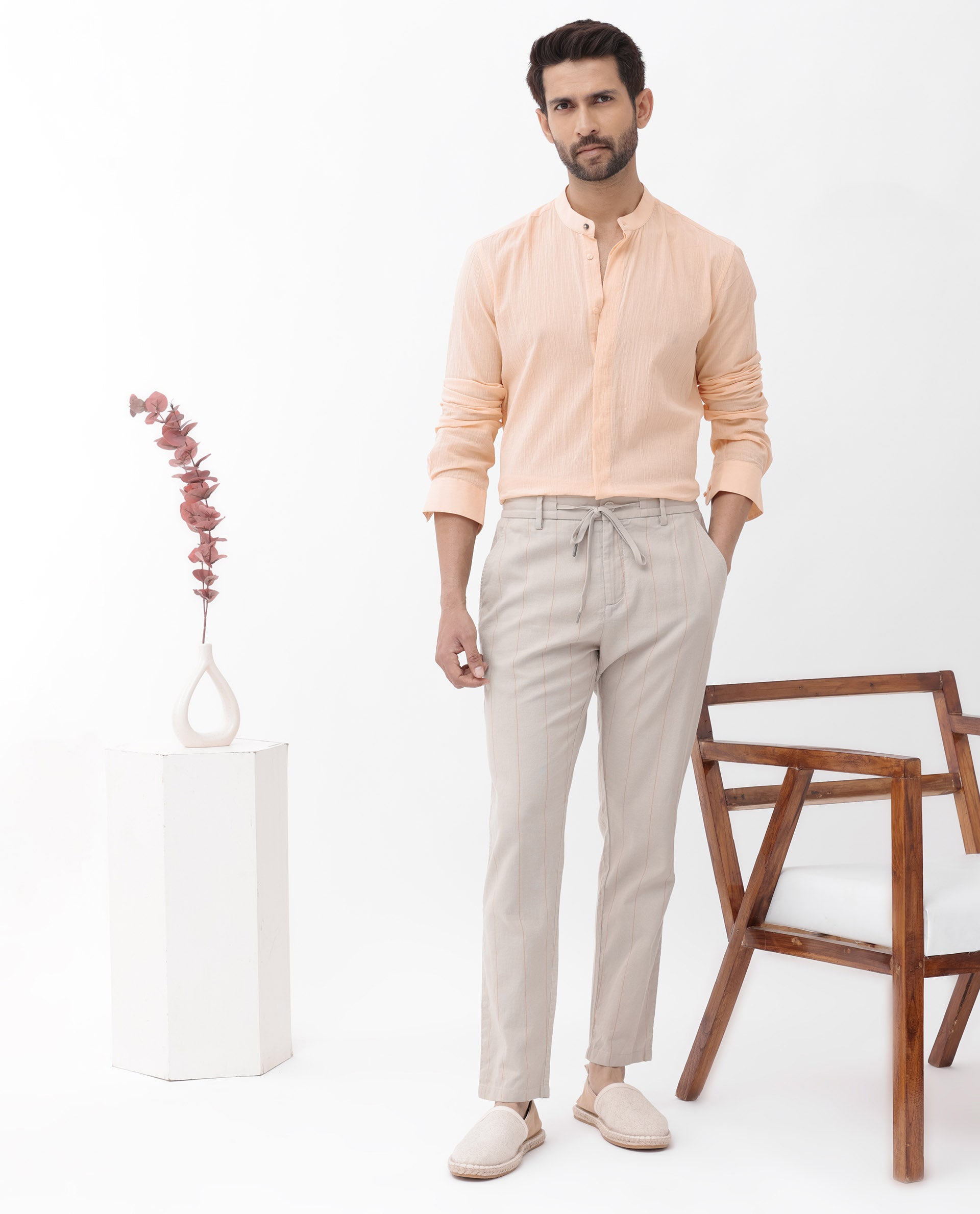 Rare Rabbit Men's Crinkle LS Light Orange Cotton Fabric Mandarin Collar Full Sleeves Solid Crinkle Effect Shirt