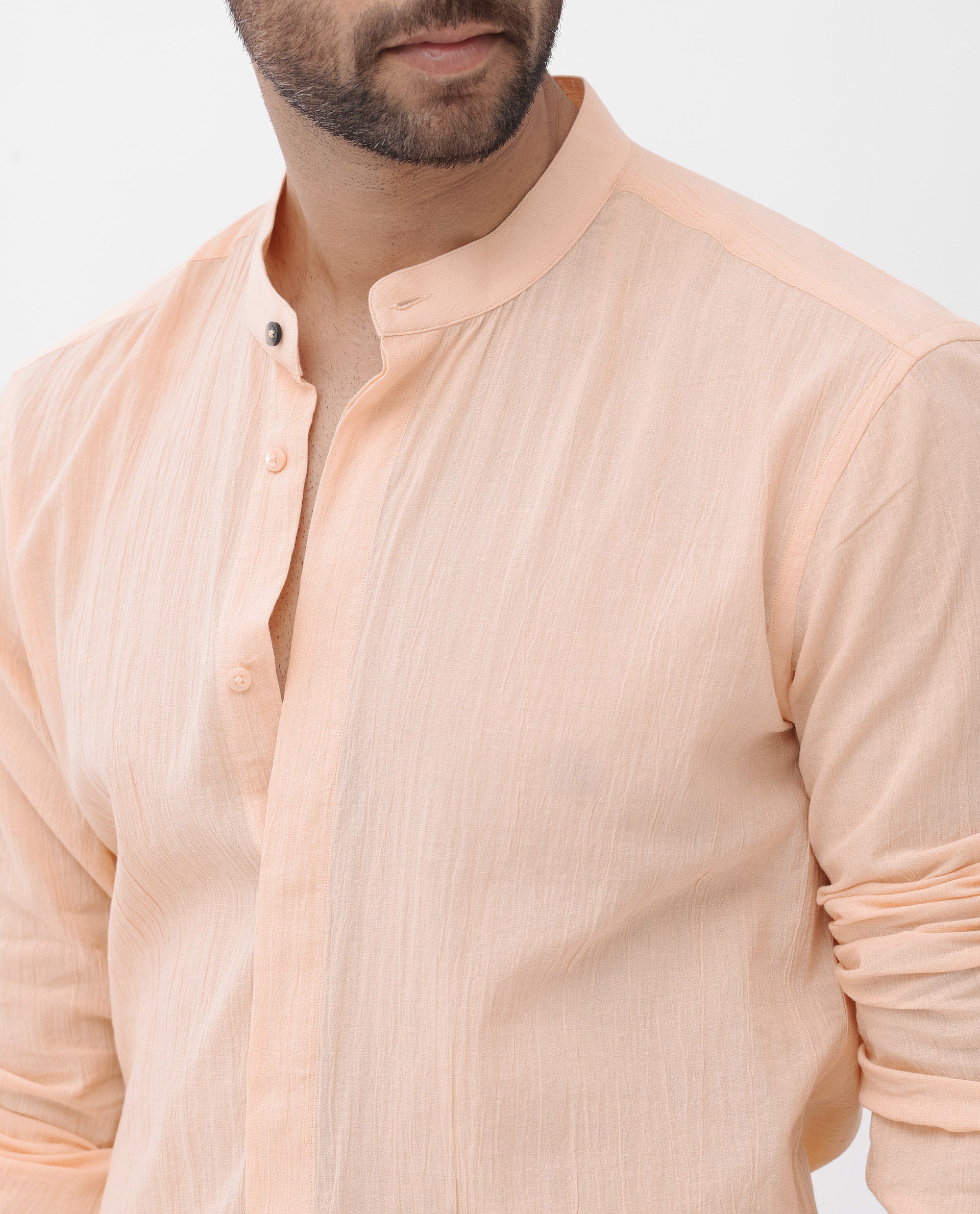 Rare Rabbit Men's Crinkle LS Light Orange Cotton Fabric Mandarin Collar Full Sleeves Solid Crinkle Effect Shirt