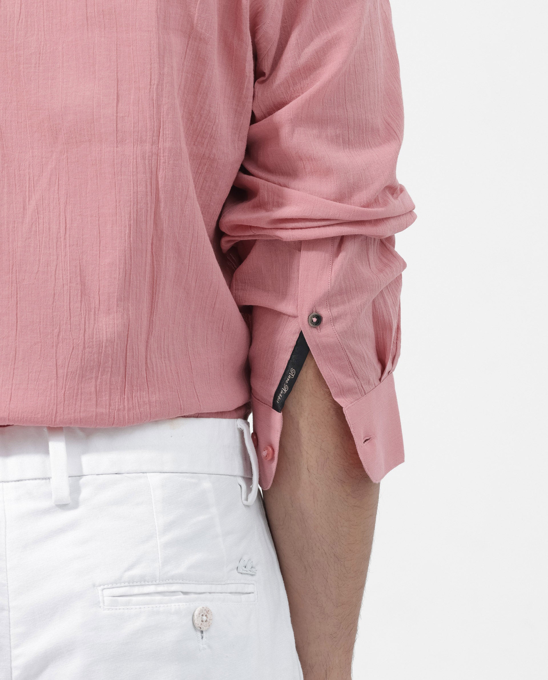 Rare Rabbit Mens Crinkle LS Pink Cotton Fabric Mandarin Collar Full Sleeve Crinkle Effect Solid Shirt