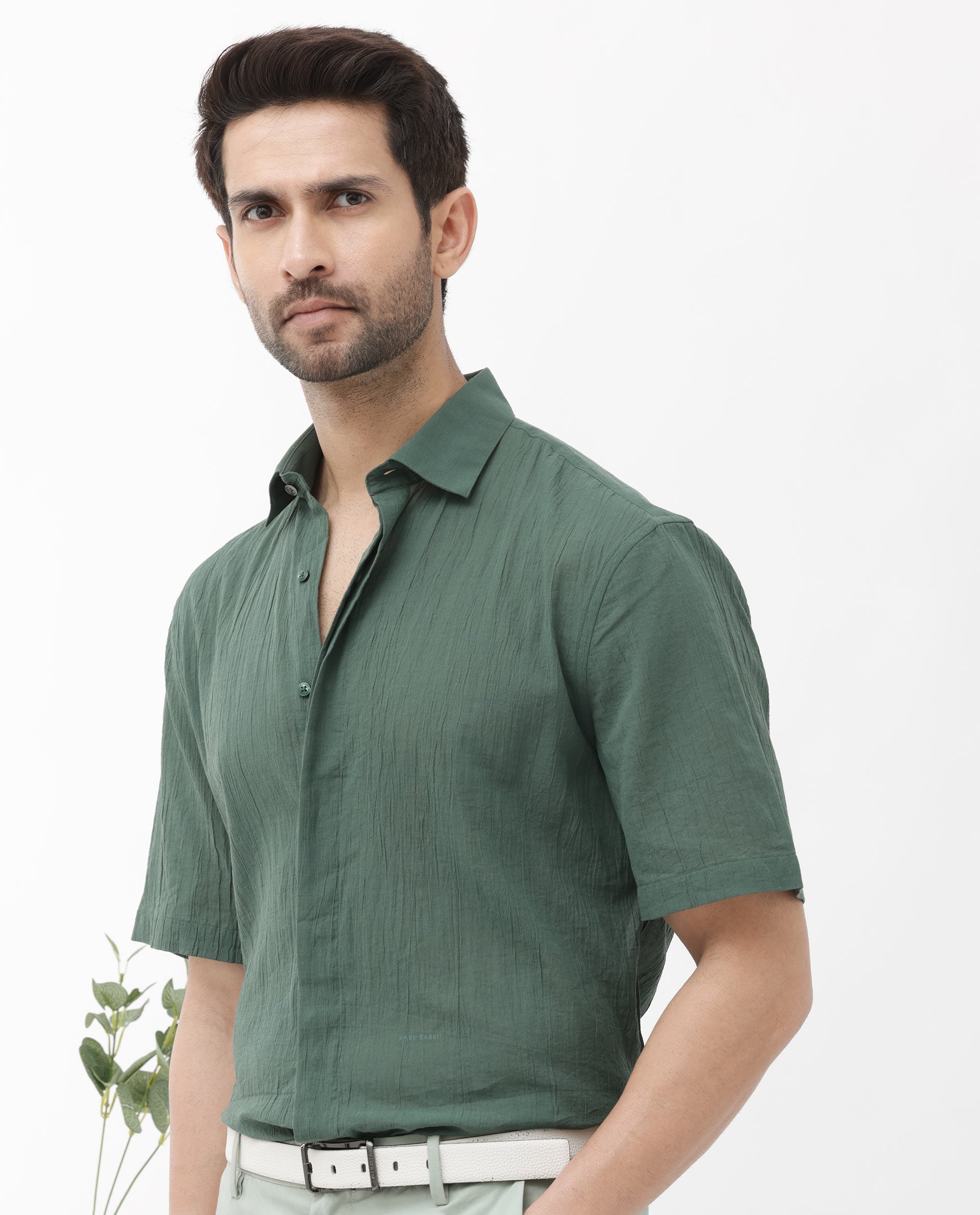Rare Rabbit Mens Crinkle SS Dusky Green Cotton Fabric Short Sleeve Boxy Fit Crinkle Effect Solid Shirt