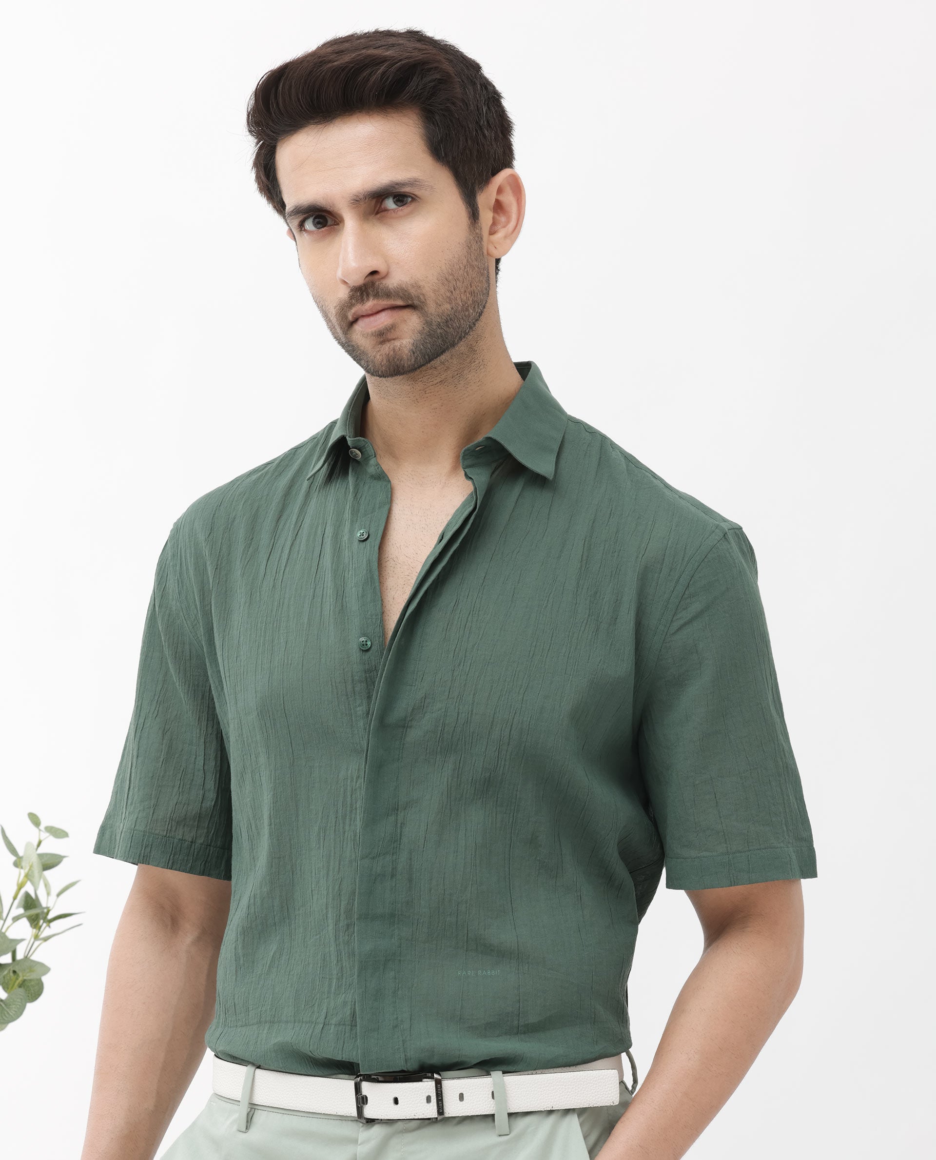 Rare Rabbit Mens Crinkle SS Dusky Green Cotton Fabric Short Sleeve Boxy Fit Crinkle Effect Solid Shirt
