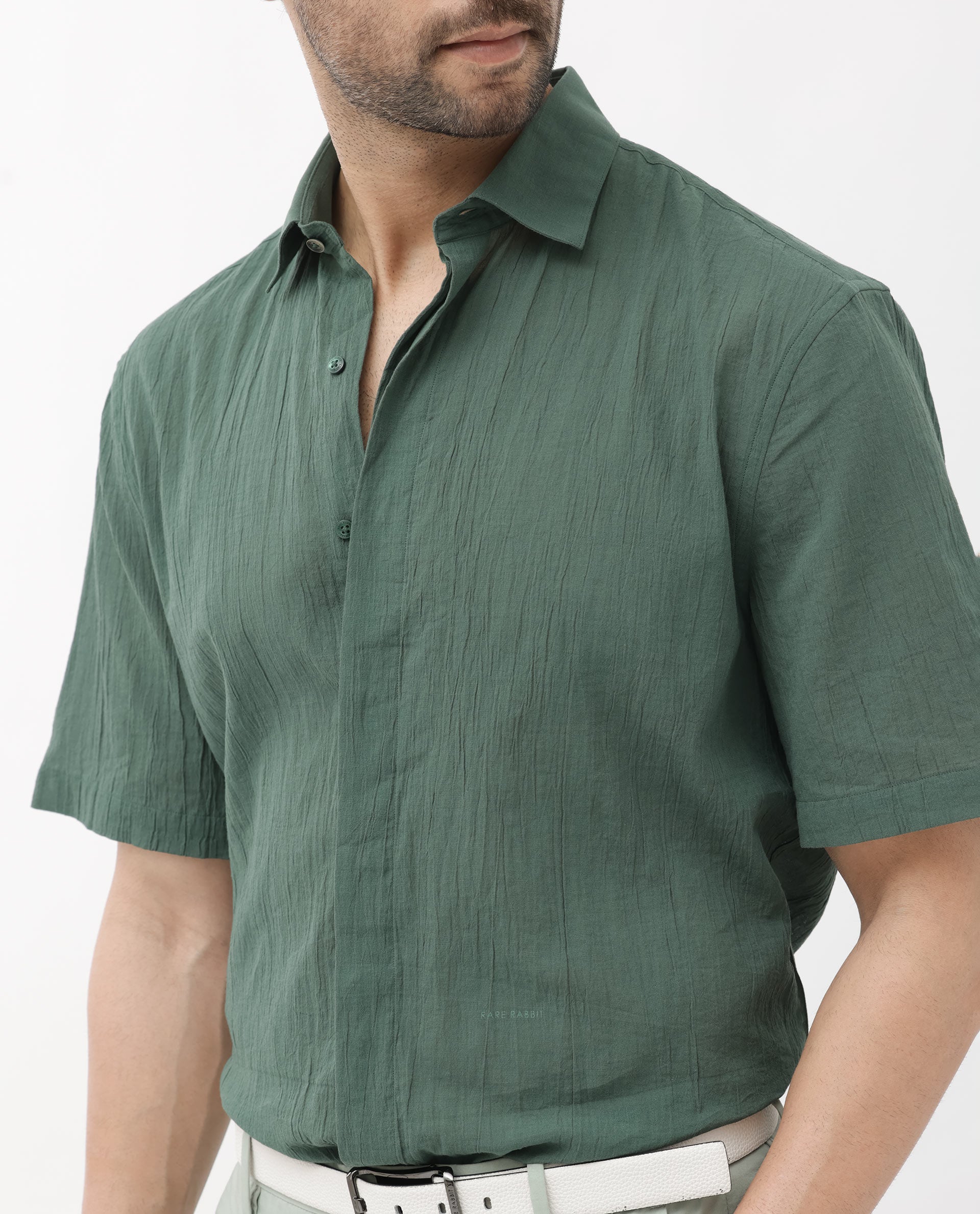 Rare Rabbit Mens Crinkle SS Dusky Green Cotton Fabric Short Sleeve Boxy Fit Crinkle Effect Solid Shirt