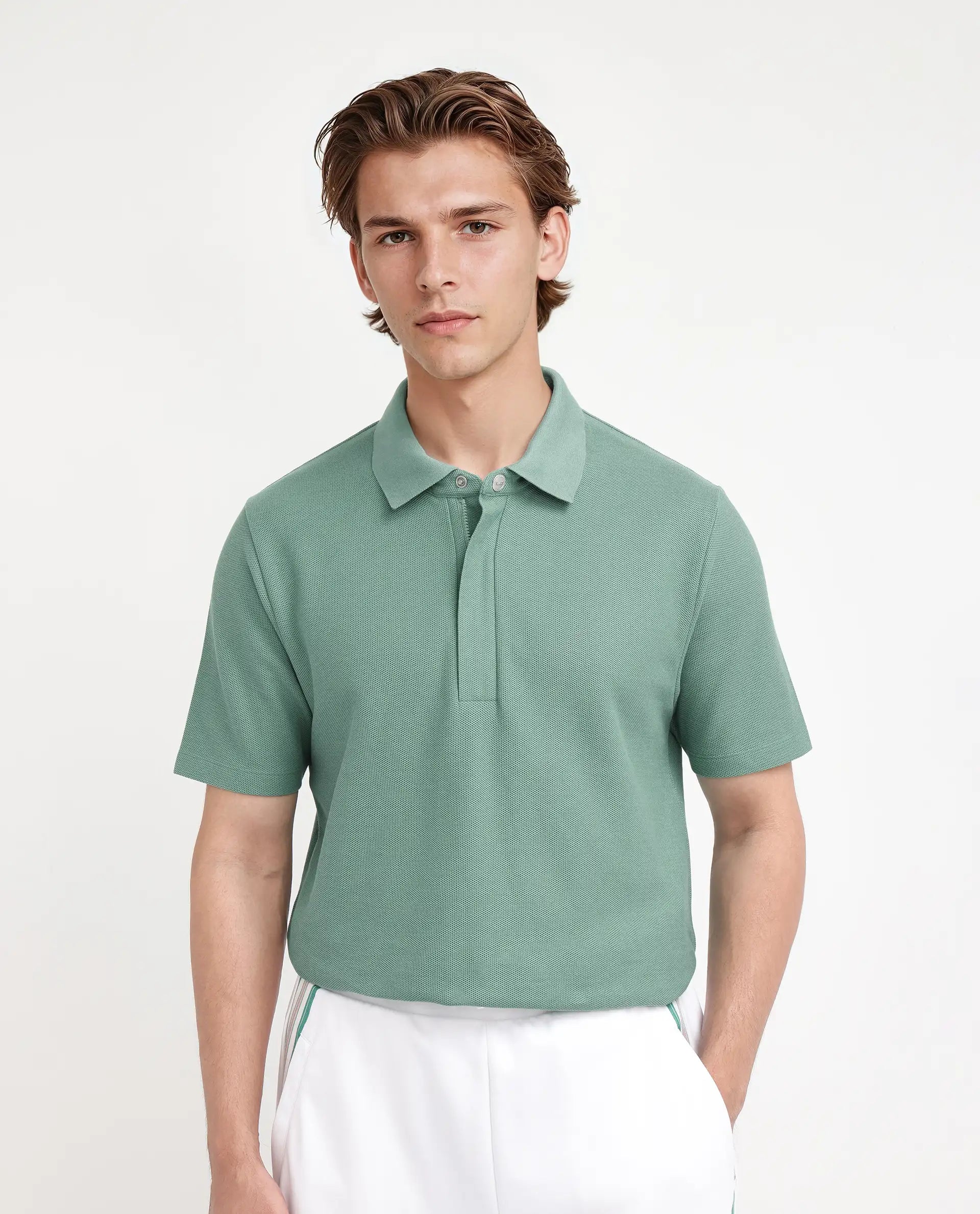 Rare Rabbit Men Crin Light Green Cotton Fabric Short Sleeve Collared Neck Zipper Closure Plain Polo