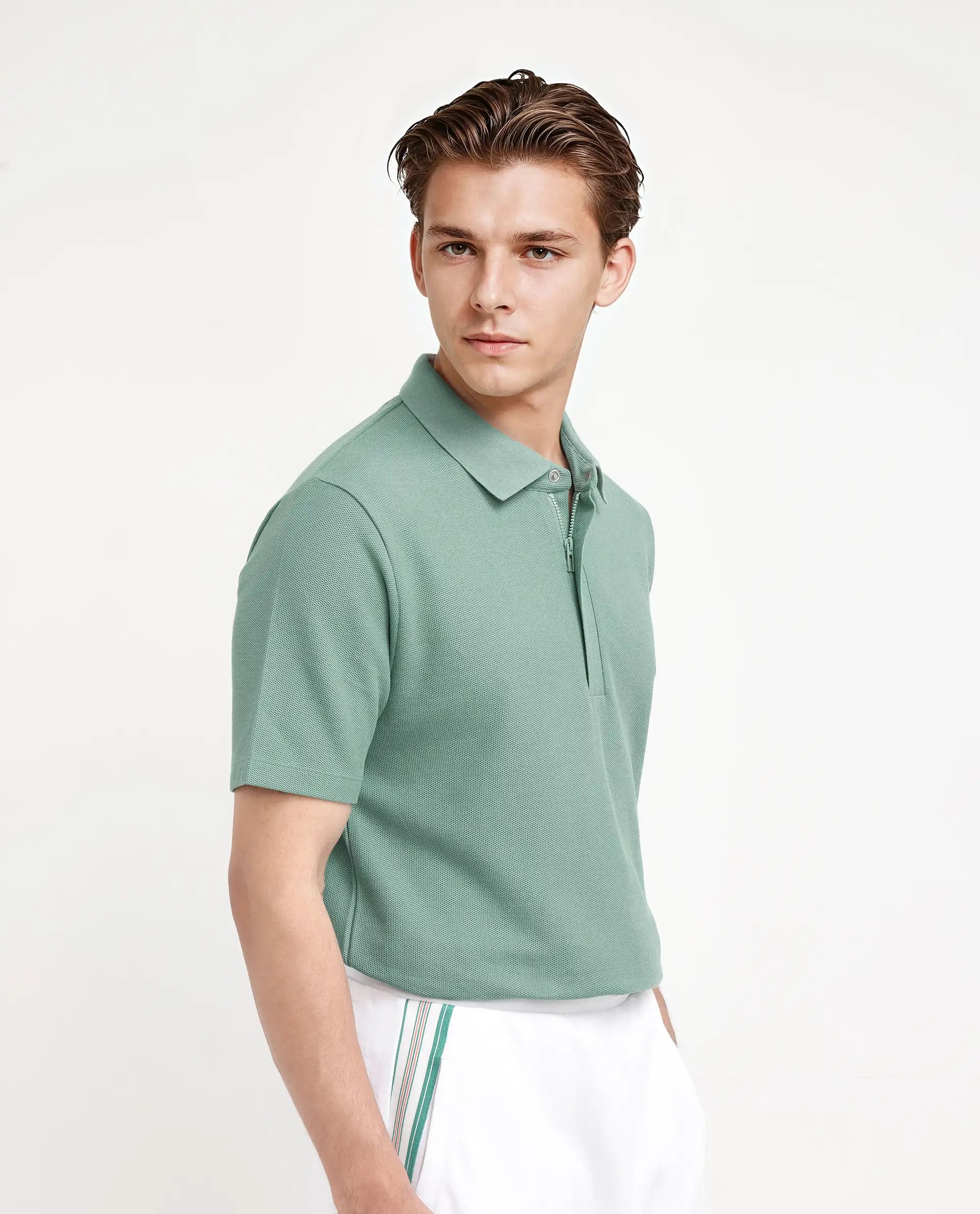 Rare Rabbit Men Crin Light Green Cotton Fabric Short Sleeve Collared Neck Zipper Closure Plain Polo