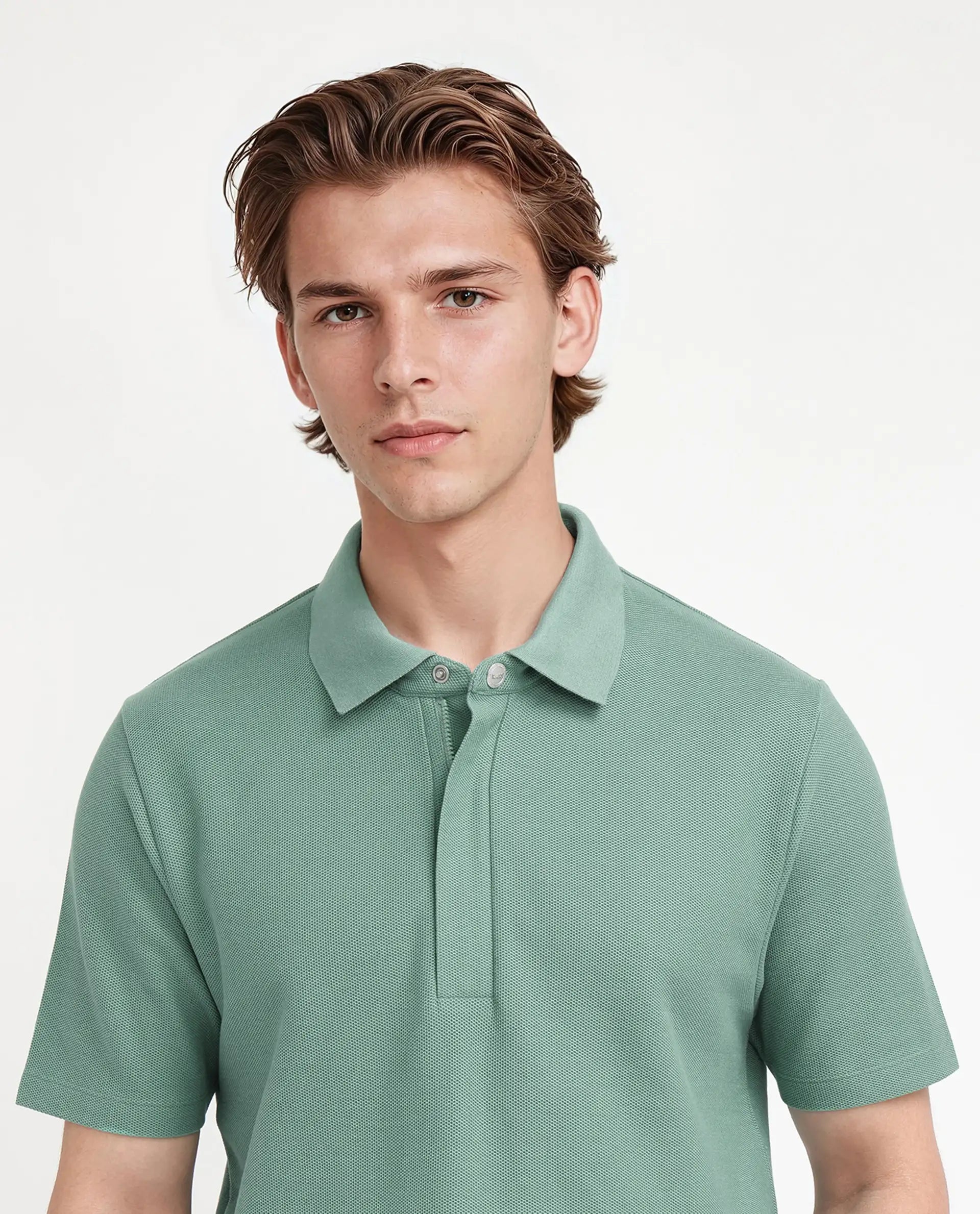 Rare Rabbit Men Crin Light Green Cotton Fabric Short Sleeve Collared Neck Zipper Closure Plain Polo