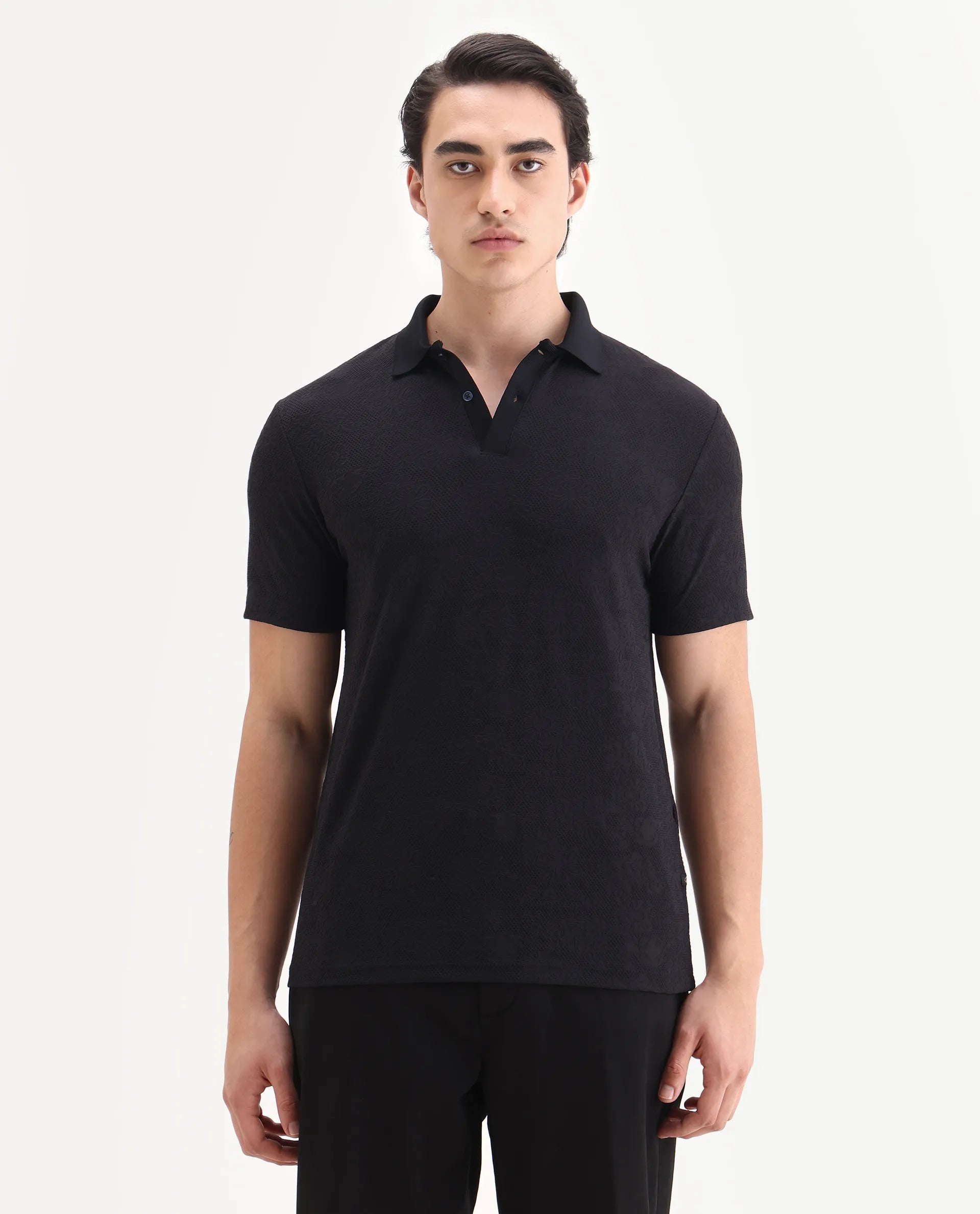Rare Rabbit Men's Criuse Navy Polyester Jacquard Regular Fit Half Sleeve Polo
