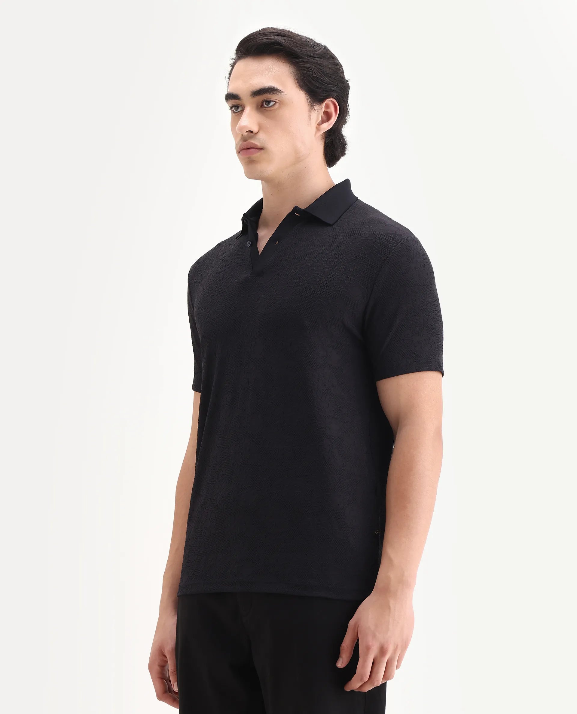 Rare Rabbit Men's Criuse Navy Polyester Jacquard Regular Fit Half Sleeve Polo