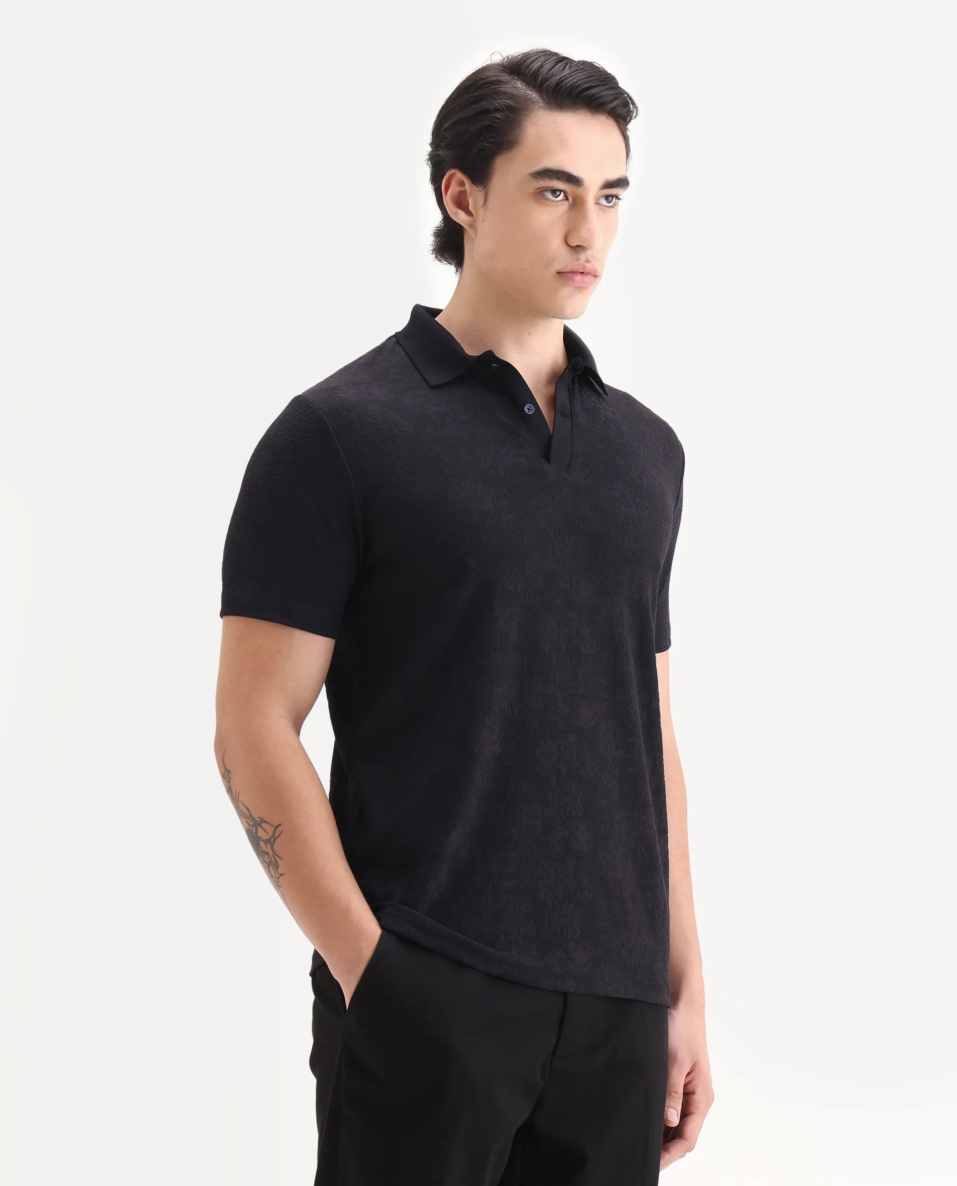 Rare Rabbit Men's Criuse Navy Polyester Jacquard Regular Fit Half Sleeve Polo
