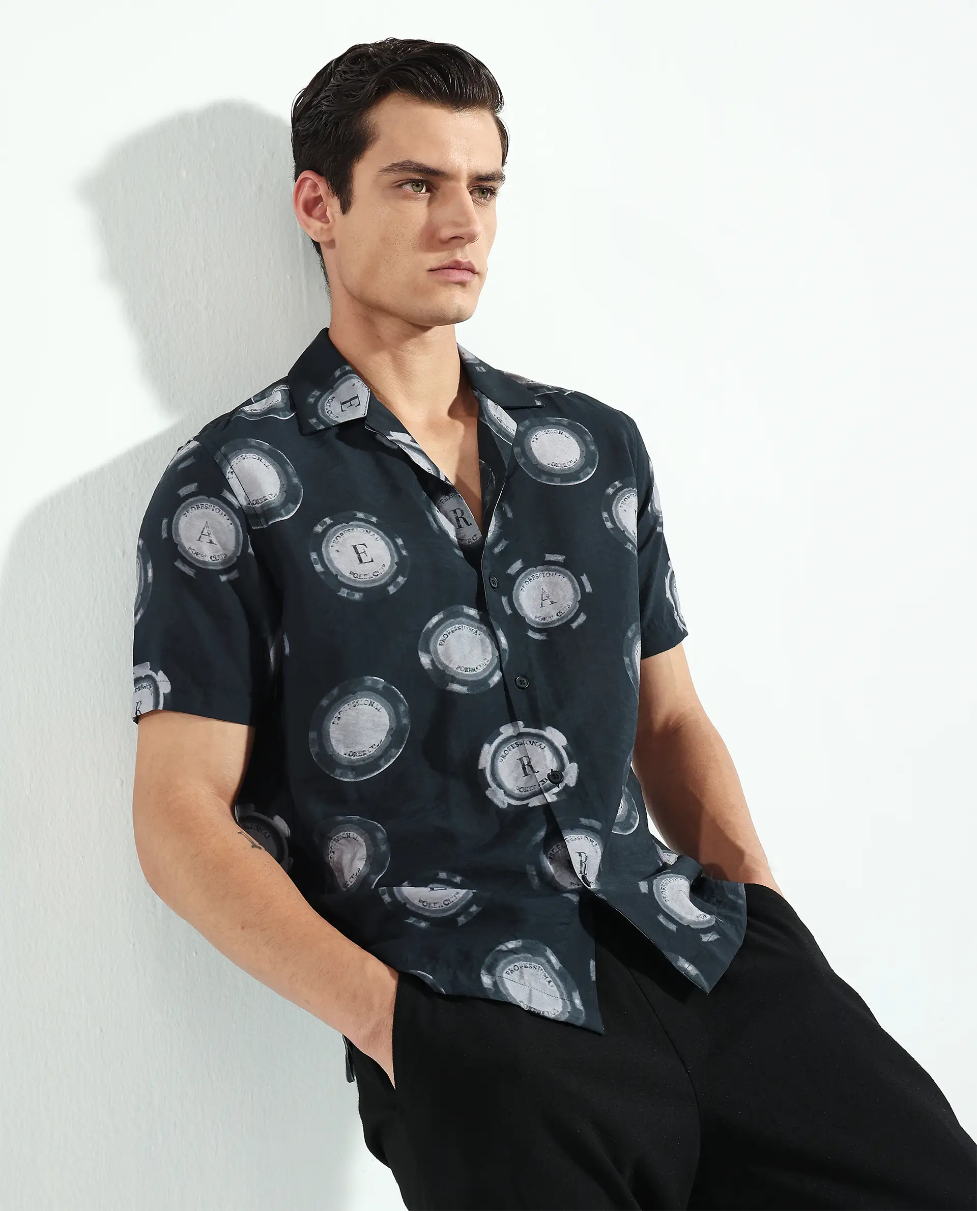 Rare Rabbit Men's Crix Dusky Purple Viscose Blend Geometric Print Relaxed Fit Half Sleeve Cuban Collar Shirt