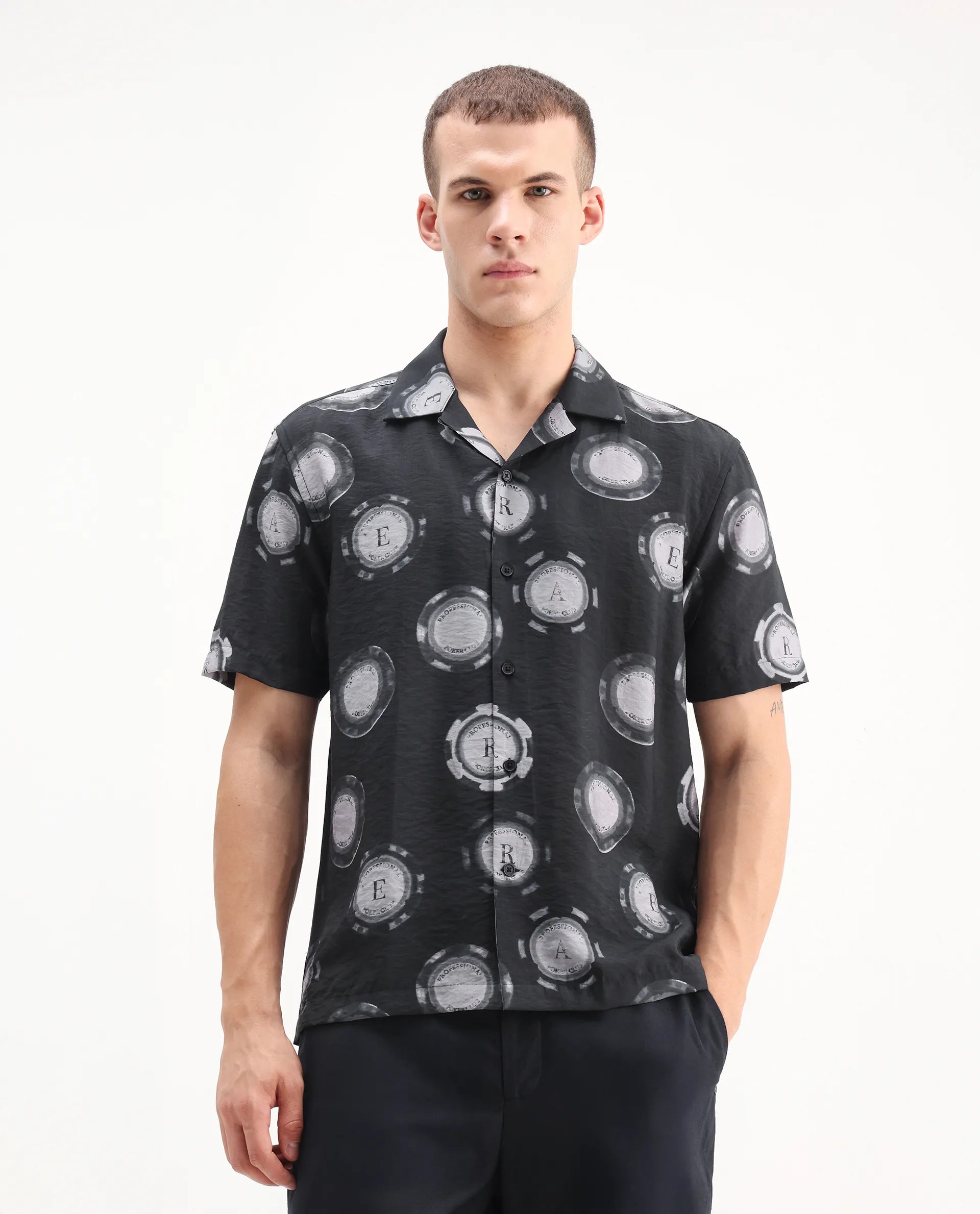 Rare Rabbit Men's Crix Dusky Purple Viscose Blend Geometric Print Relaxed Fit Half Sleeve Cuban Collar Shirt