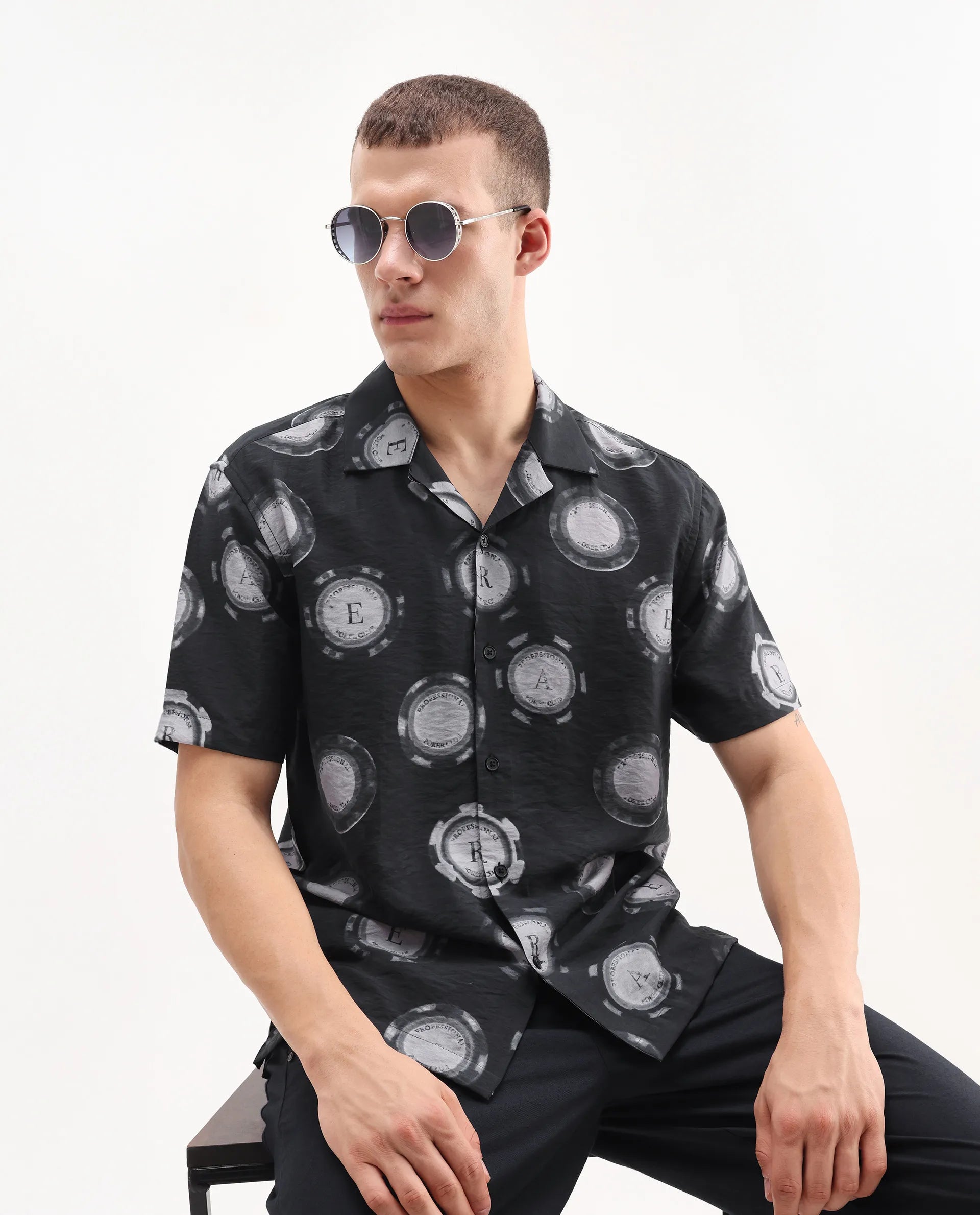 Rare Rabbit Men's Crix Dusky Purple Viscose Blend Geometric Print Relaxed Fit Half Sleeve Cuban Collar Shirt