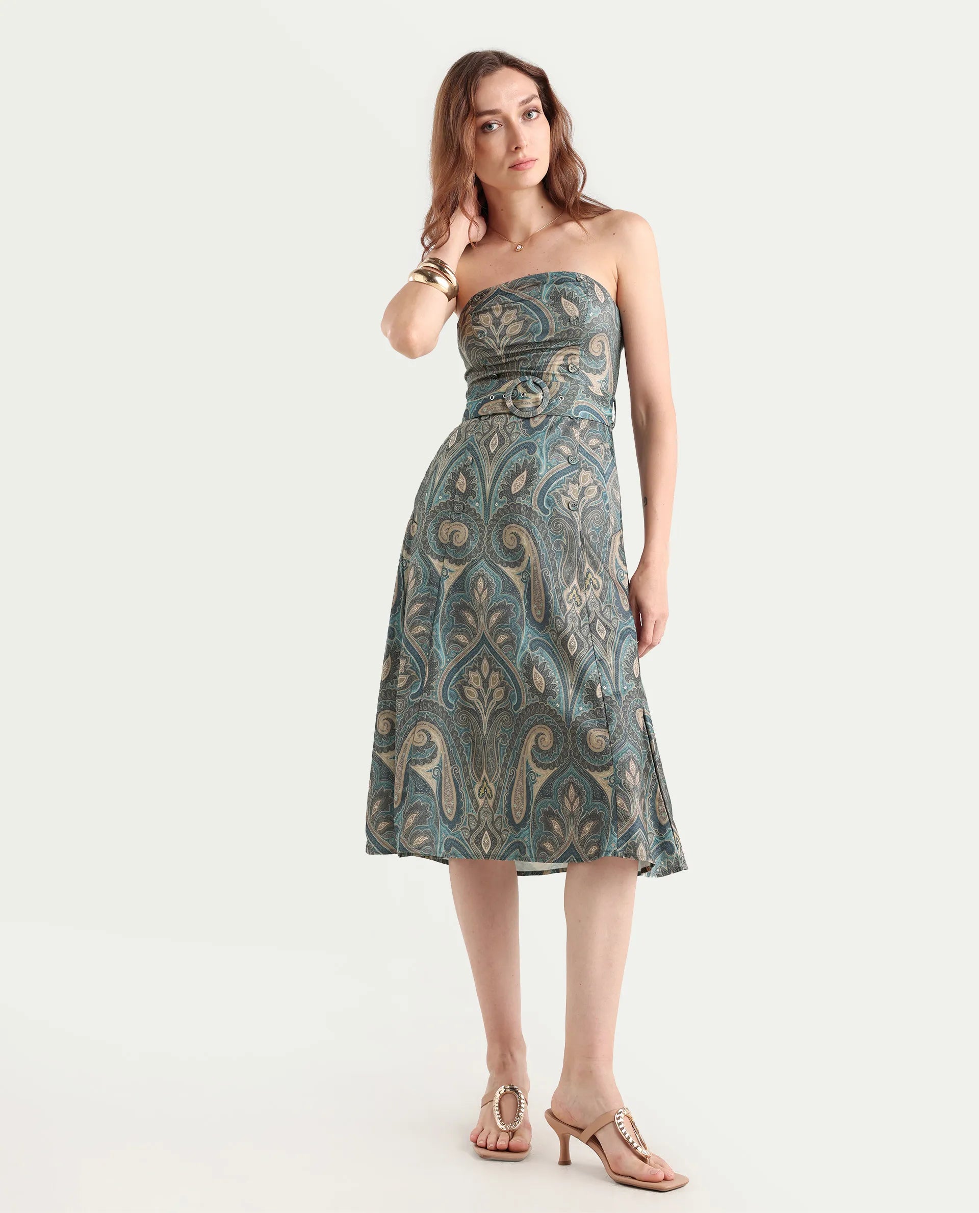 Rareism Women's Croati Multi Cotton Blend Tube Neck Paisley Print Sleeveless Midi Flared Dress