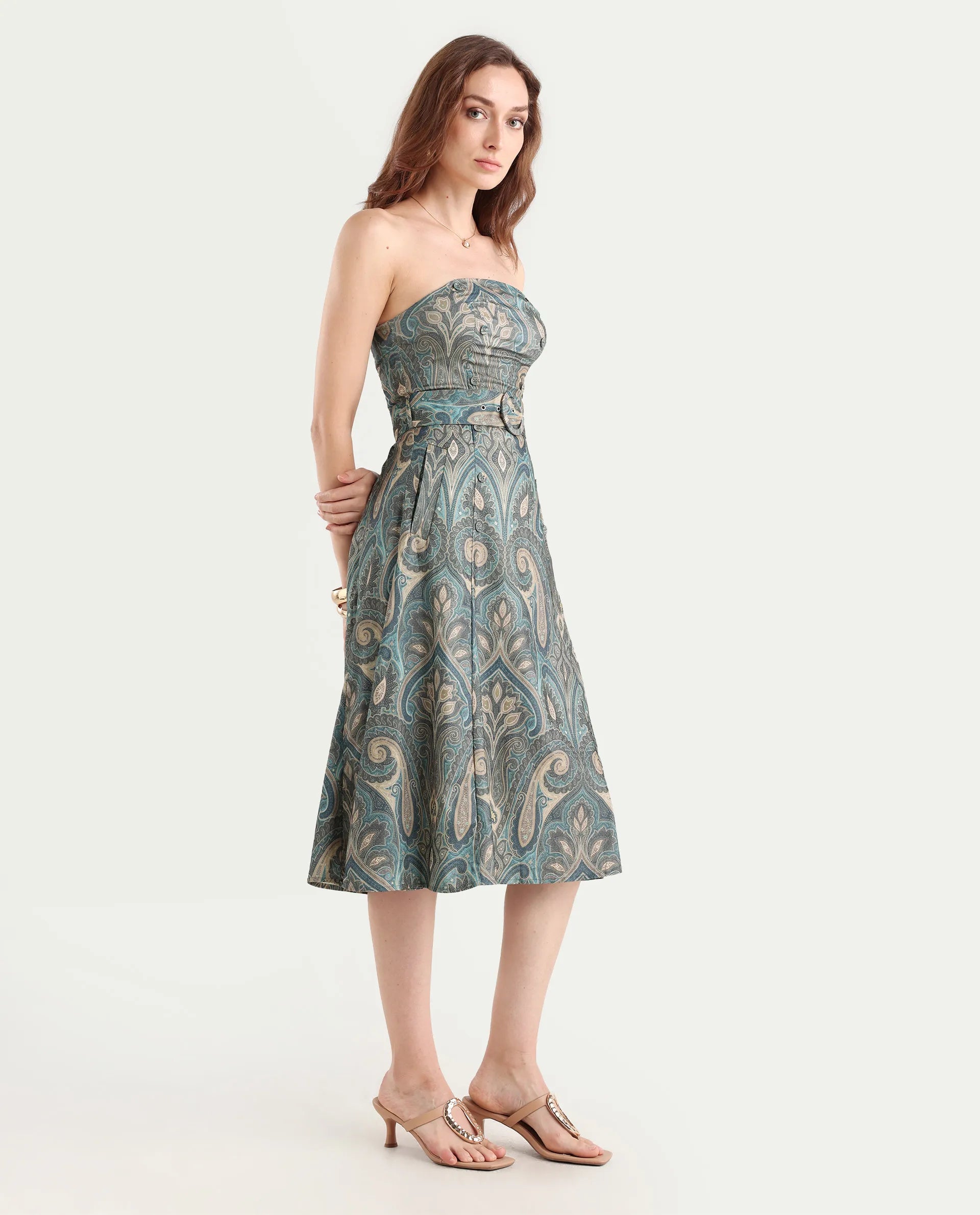 Rareism Women's Croati Multi Cotton Blend Tube Neck Paisley Print Sleeveless Midi Flared Dress