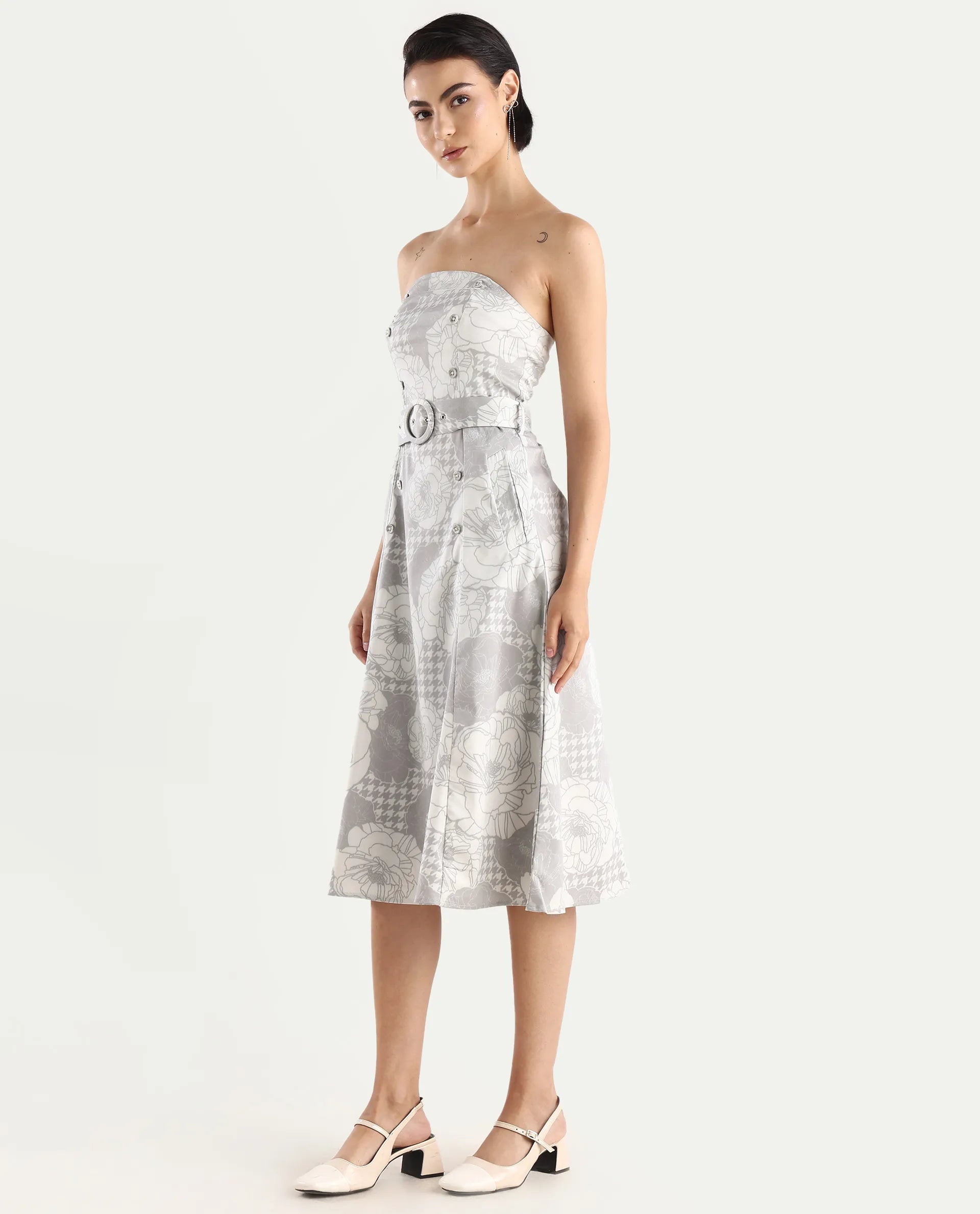 Rareism Women's Croatink Multi Cotton Blend Tube Neck Floral Print Sleeveless Midi Flared Dress